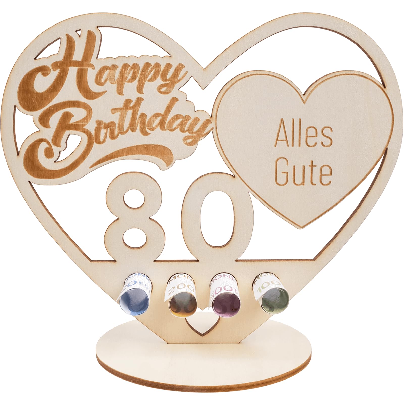 packra Geldgeschenk Geburtstag Herzform, 80 Geldgeschenke Geburtstag Holz-Schild Gästebuch, 80. Geburtstag Geschenk mit Happy Birthday Kuchen, Personalisierbares Geschenk Geburtstag Deko