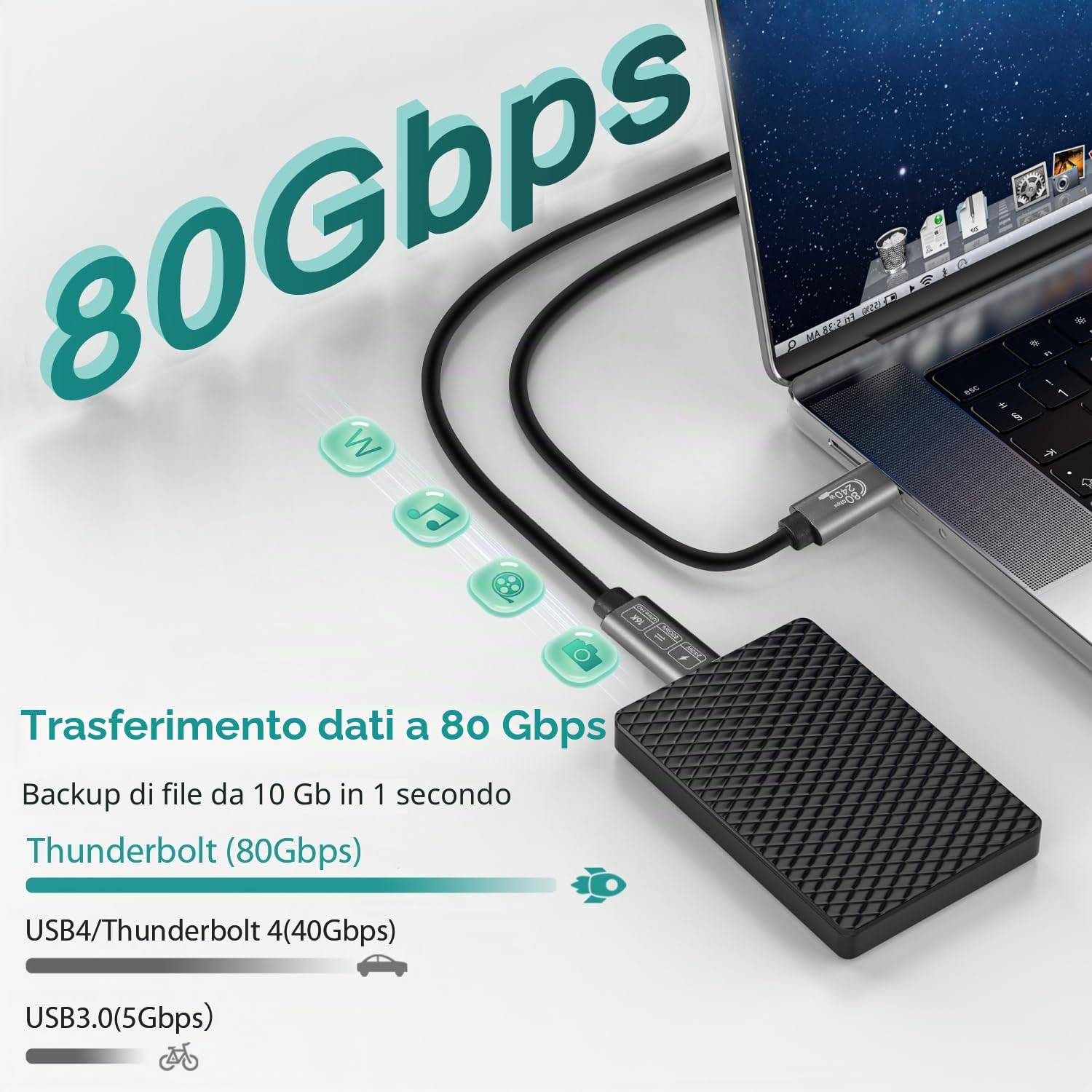 Thunderbolt 5 cavo da 1 m, 240 W, cavo dati da 80 Gbps, display da USB C a USB C da 240 W, per laptop, monitor, ecc
