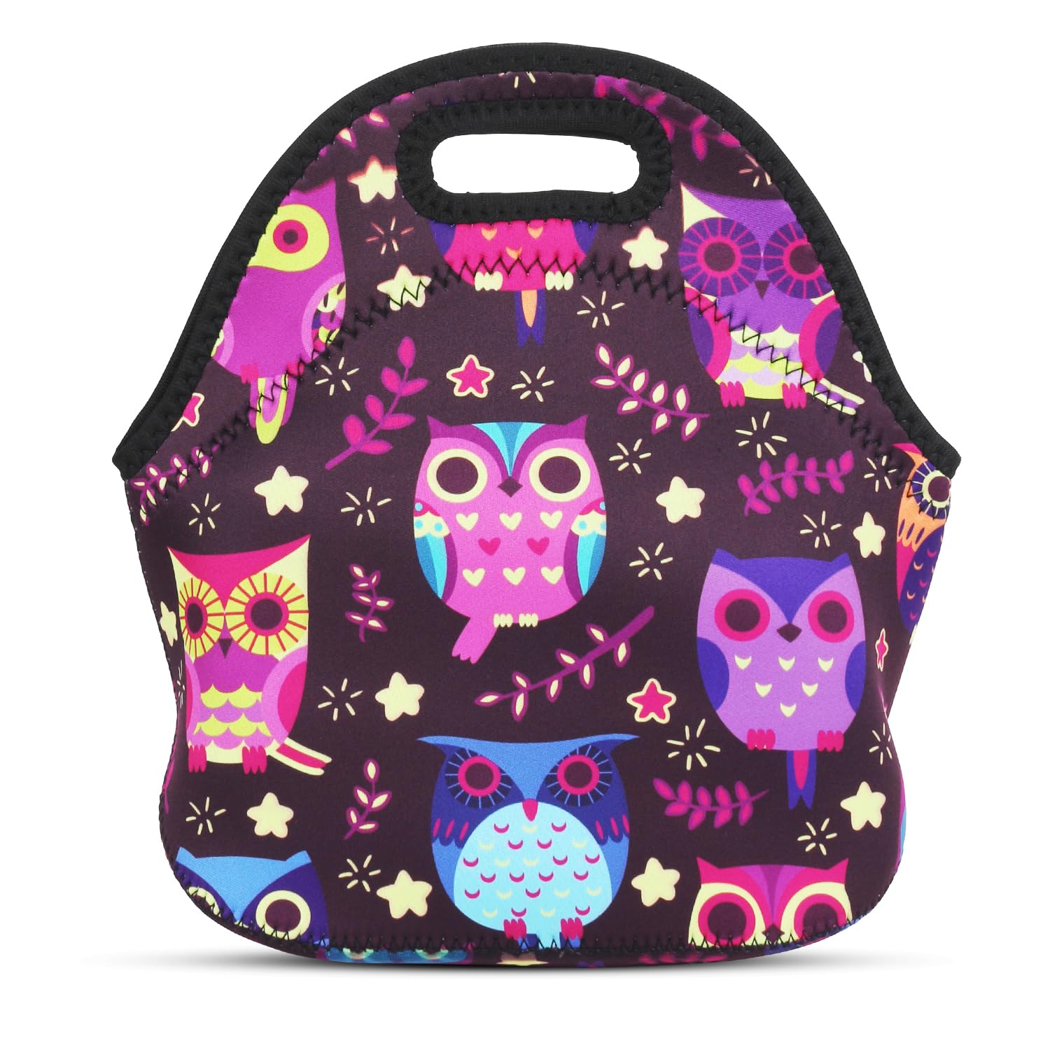 Violet Mist Neoprene Owl Lunch Bag Insulated Waterproof Lunch Bag Tote Cartoon Reusable Lunch Box Containers Food Carrying Lunch Handbags for Women men Work Thanksgiving Christmas Gift