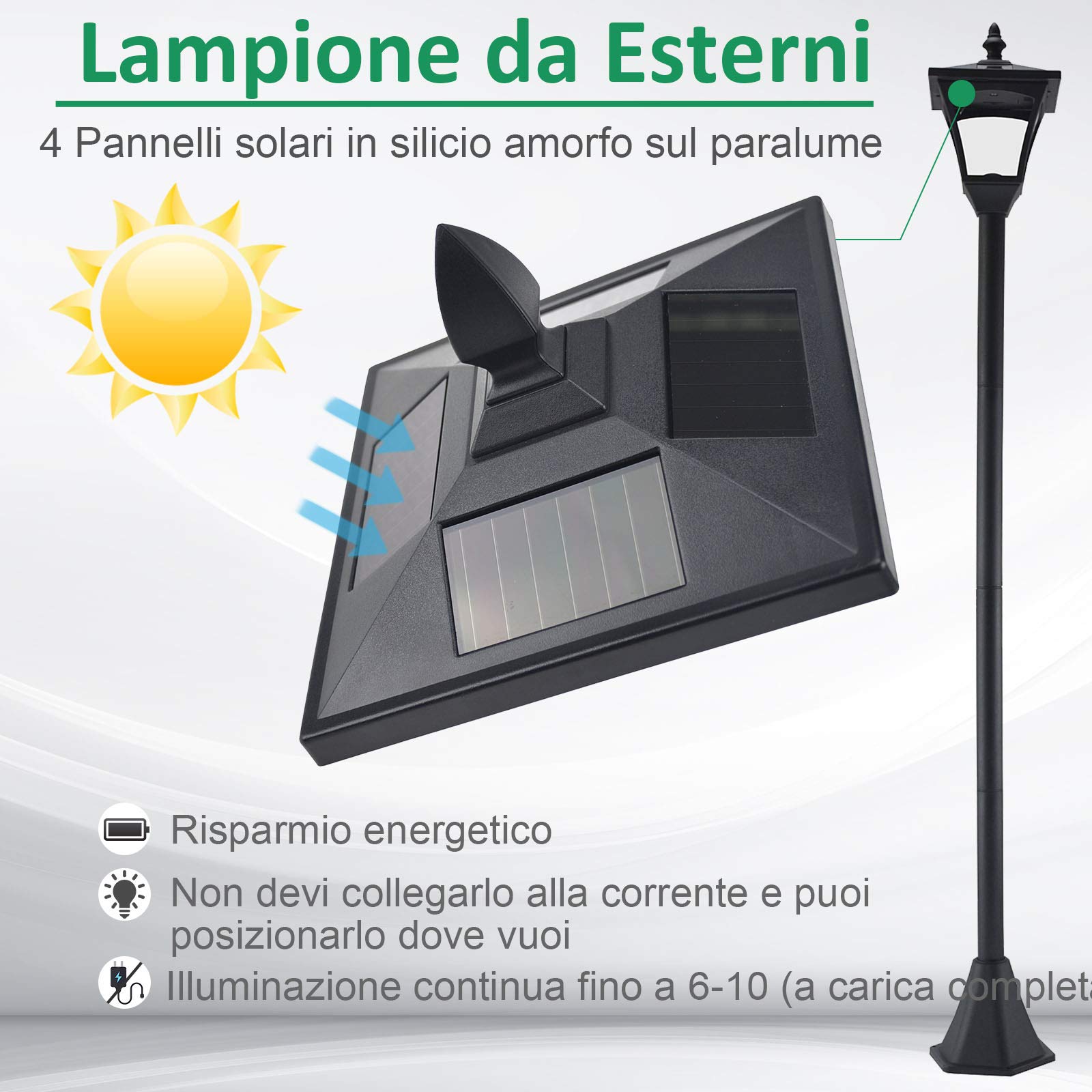 Outsunny Set 2 Lampioncini Solari da Esterno IP44 18x18x160 cm Nero | Lampade da Giardino, a Energia Solare, Impermeabili