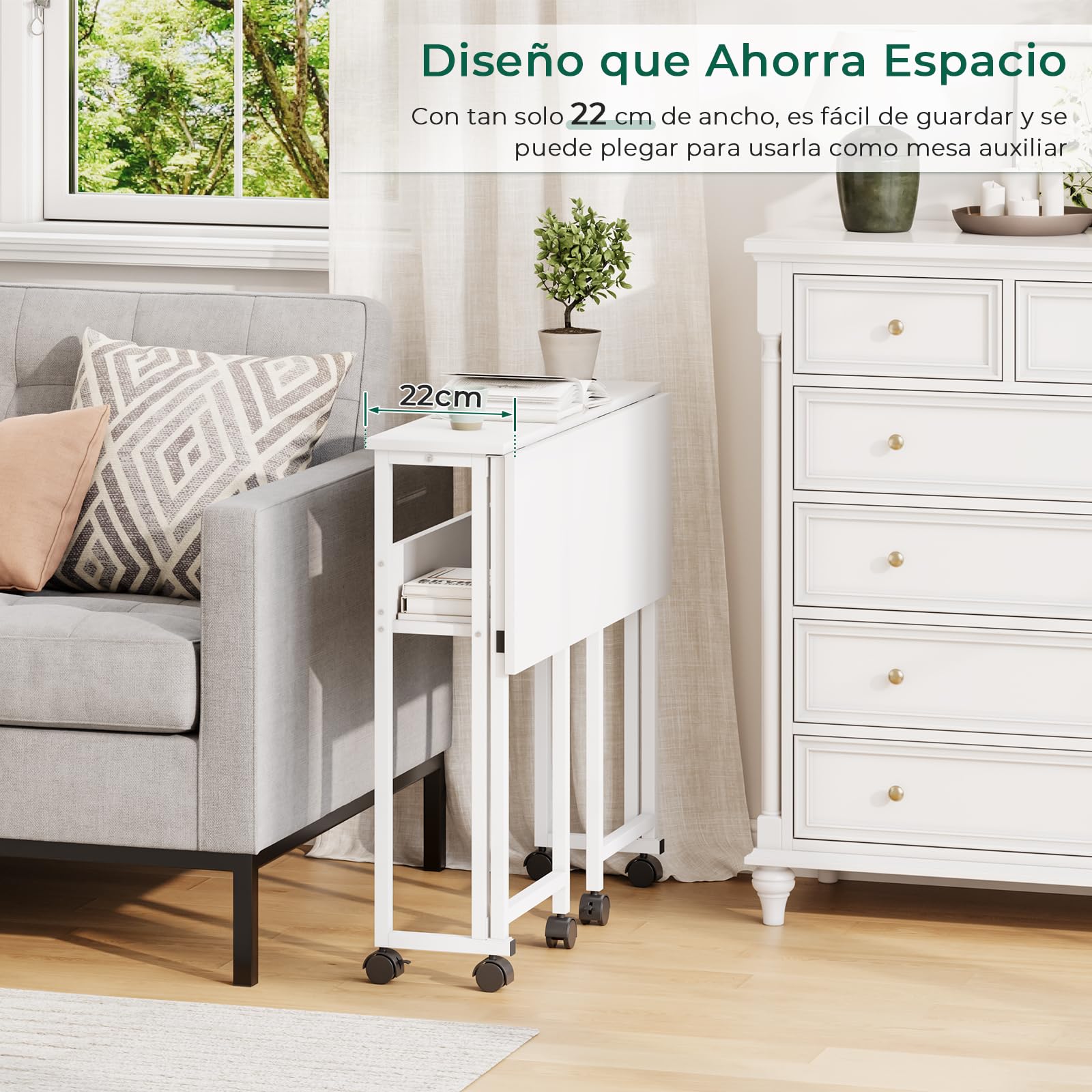 Escritorio Plegable Pequeño con Ruedas y Estante de Almacenamiento, Mesa de Estudio Moderna, Fácil de Montaje y Ahorro Espacio para Casa Oficina, 80 x 50 x 75 cm (Blanca)