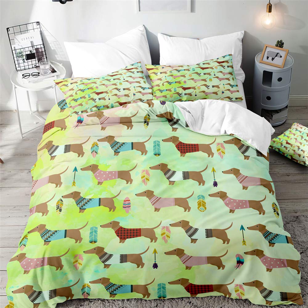 Morbuy Boys Bohemian Feather Duvet Cover Set For Single Double Super King Size Bed, 3D Dachshund Printed Microfiber Bedding Sets Duvet Set With Pillowcases And Quilt Case (,Single-135X200cm)