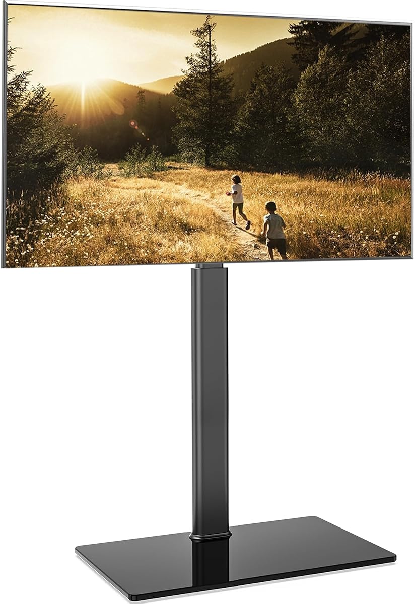 FITUEYES Floor TV Stand for 32 39 40 43 49 50 55 60 Inch TVs, TV Floor Stand with Swivel Mount, Max Holds 66lbs, White Glass Base, Height Adjustable TV Mount for Corner & Bedroom