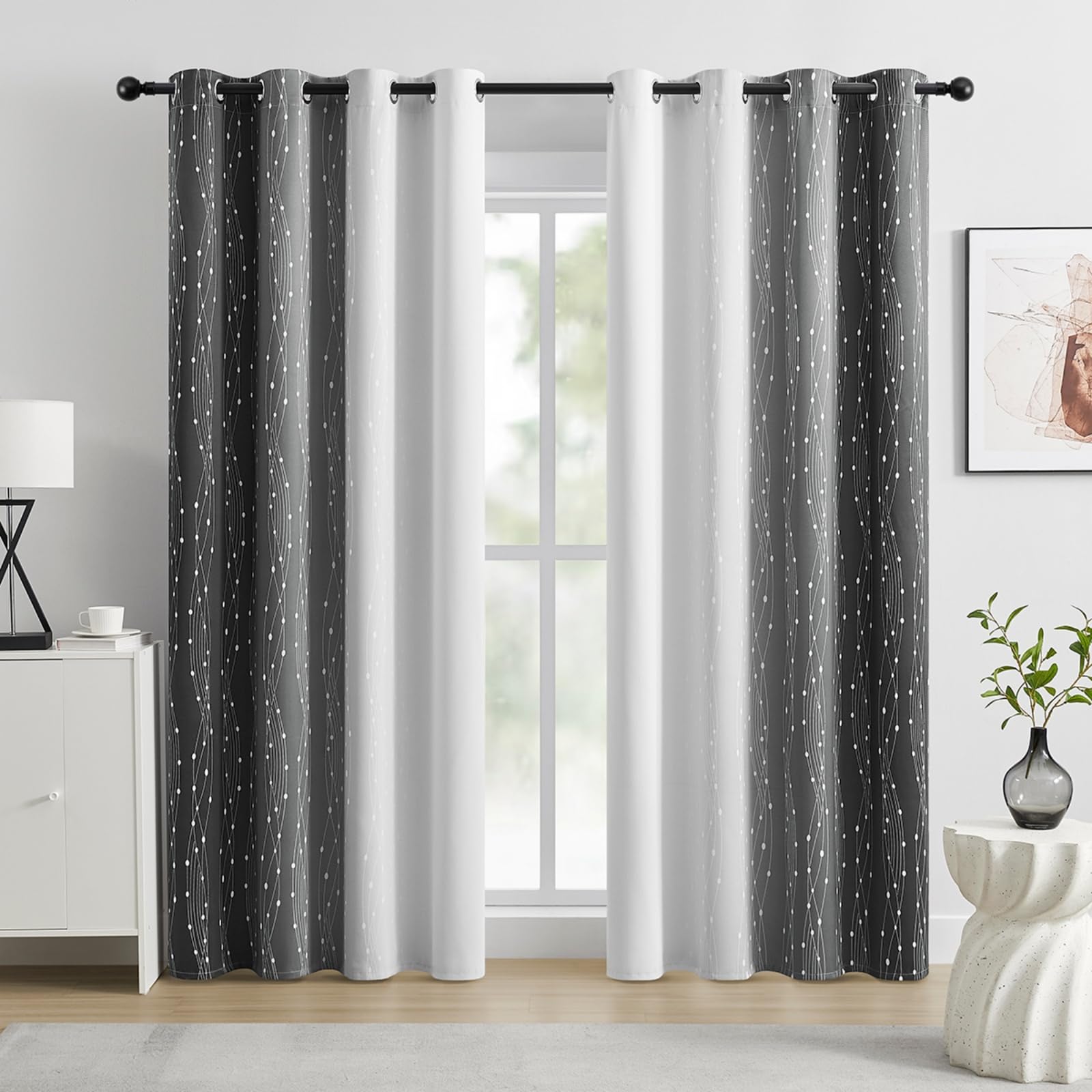 Gazal Vole Dark Grey Curtains, Ombre Waves & Dots, Eyelet, 52 x 72 Inch