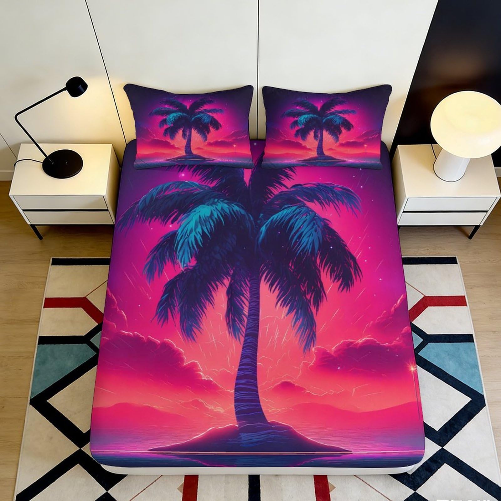 Pnayamiorkfel Style-3 3D Printed Tropical Sunset Fitted Sheet Microfiber Soft Breathable Palm Island Mattress Cover For Bedroom Dorm Decor 90X200x25cm
