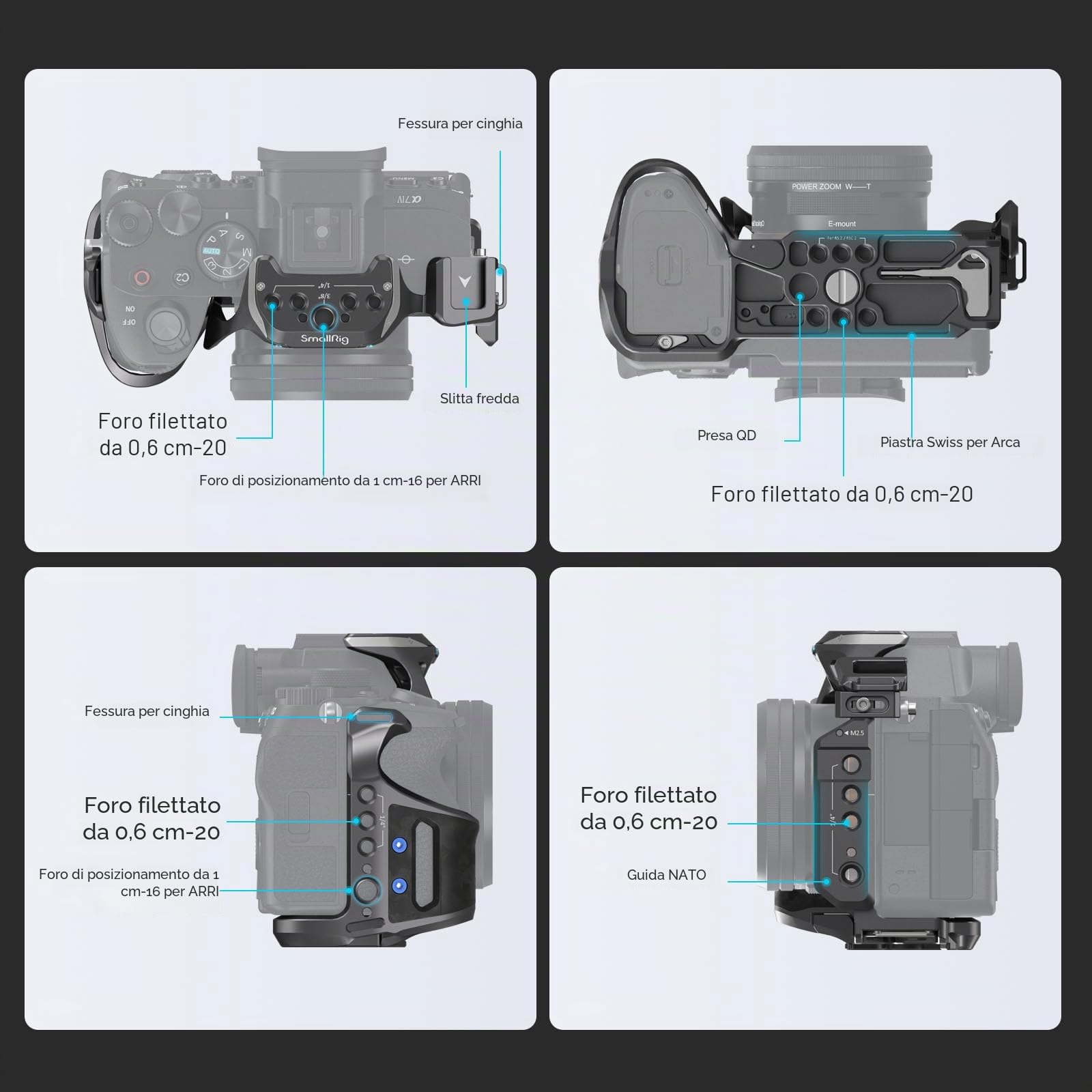 SMALLRIG A7 IV A7SIII A7R V Cage Kit "Rhinoceros" Kit per Sony Alpha 7R V/Alpha 7 IV/Alpha 7S III, Gabbia Completa con Fermacavo, Piastra a Sgancio Rapido Integrata per Arca-Swiss - 4308