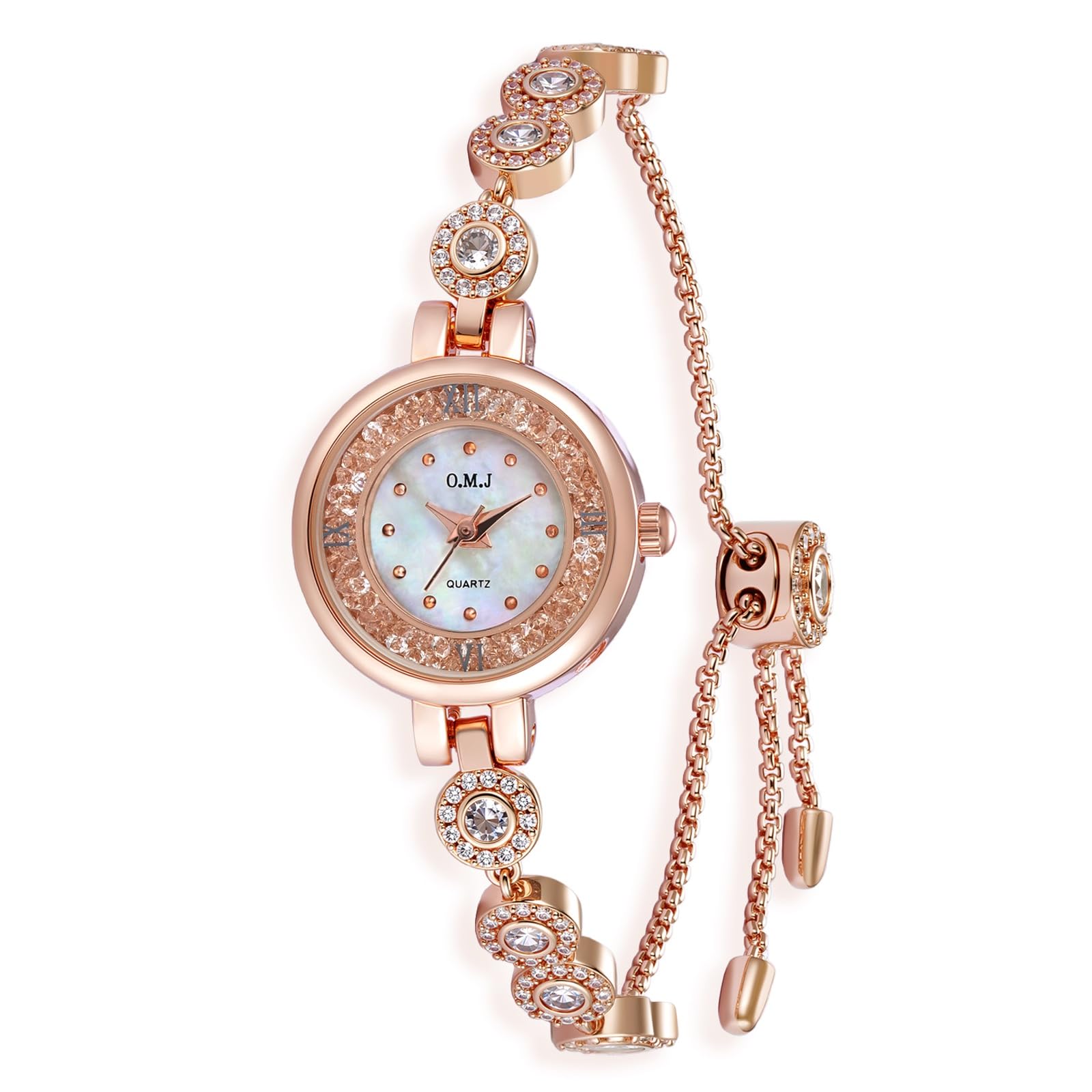 O.M.J Reloj para mujer de oro rosa con esfera de nácar y piedra natal con detalles de cristal