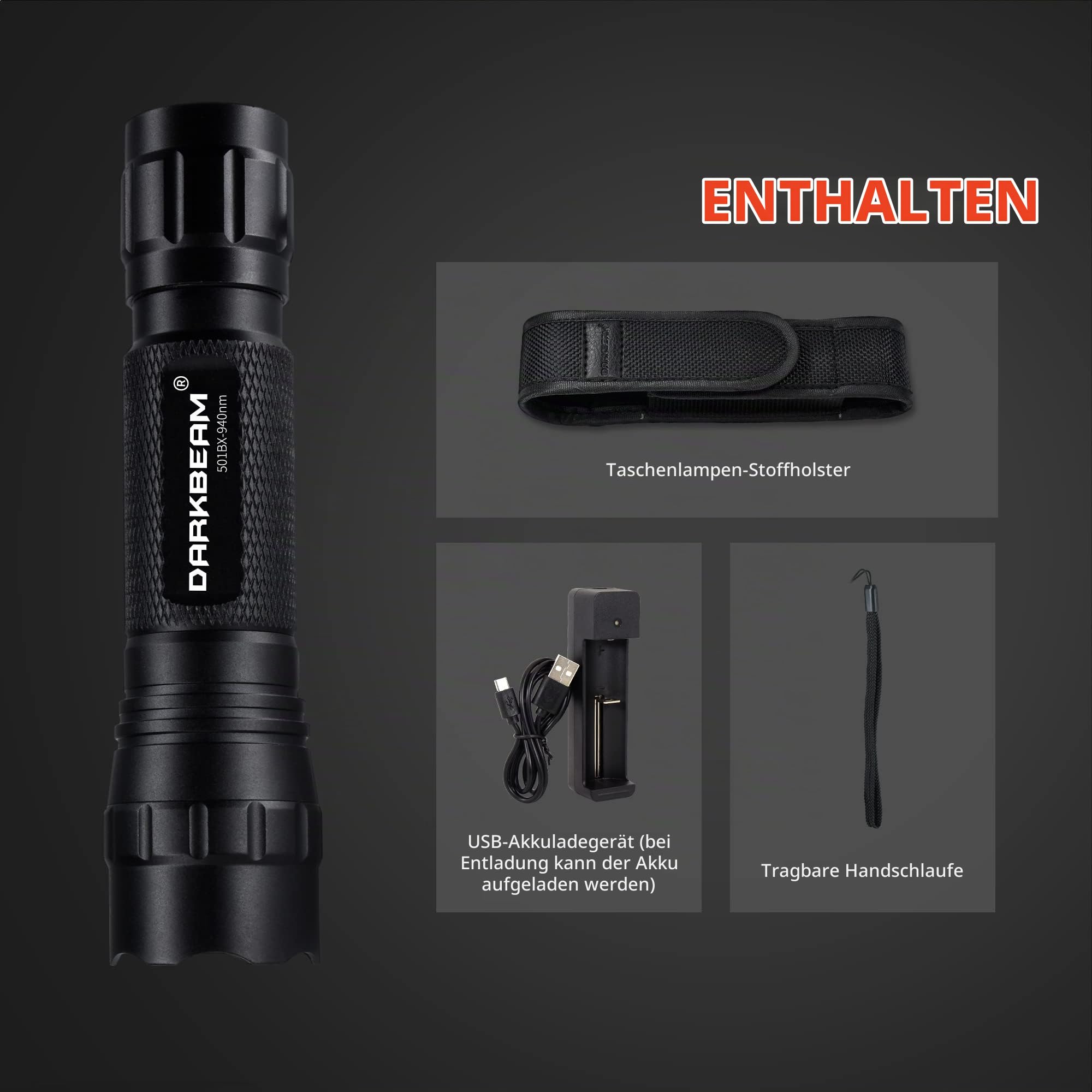DARKBEAM Infrarot-Taschenlampe nachtsicht 940nm LED-Infrarot-Licht 10W | Arbeit für Nachtsichtgeräte, Zoombare Unsichtbare IR-Strahler mit Akku Wiederaufladbare für Jagd, Beobachtung, Rettung, 501BX