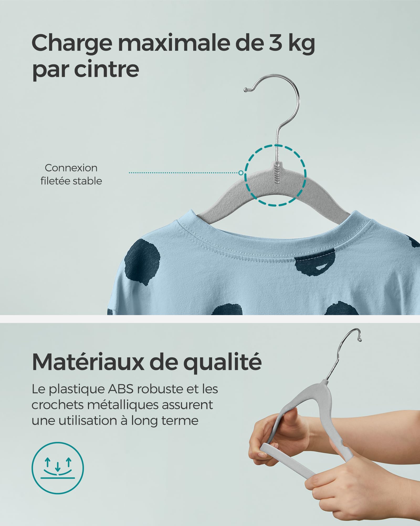SONGMICS Cintres Enfants, Lot de 50, en Velours, avec Crochets Argentés Pivotants à 360°, Cintres pour Vêtements, Gain de Place, Gris Tourterelle CRF027G05