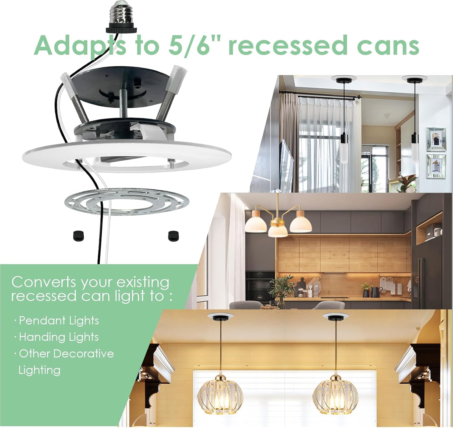 Soliseed Recessed Can Light Conversion Kit for 5" and 6" Ceiling Fixtures - Pendant & Hanging Light Upgrade, Ideal for Kitchen,Livingroom,Island,Dinning Room,White,2 Pack