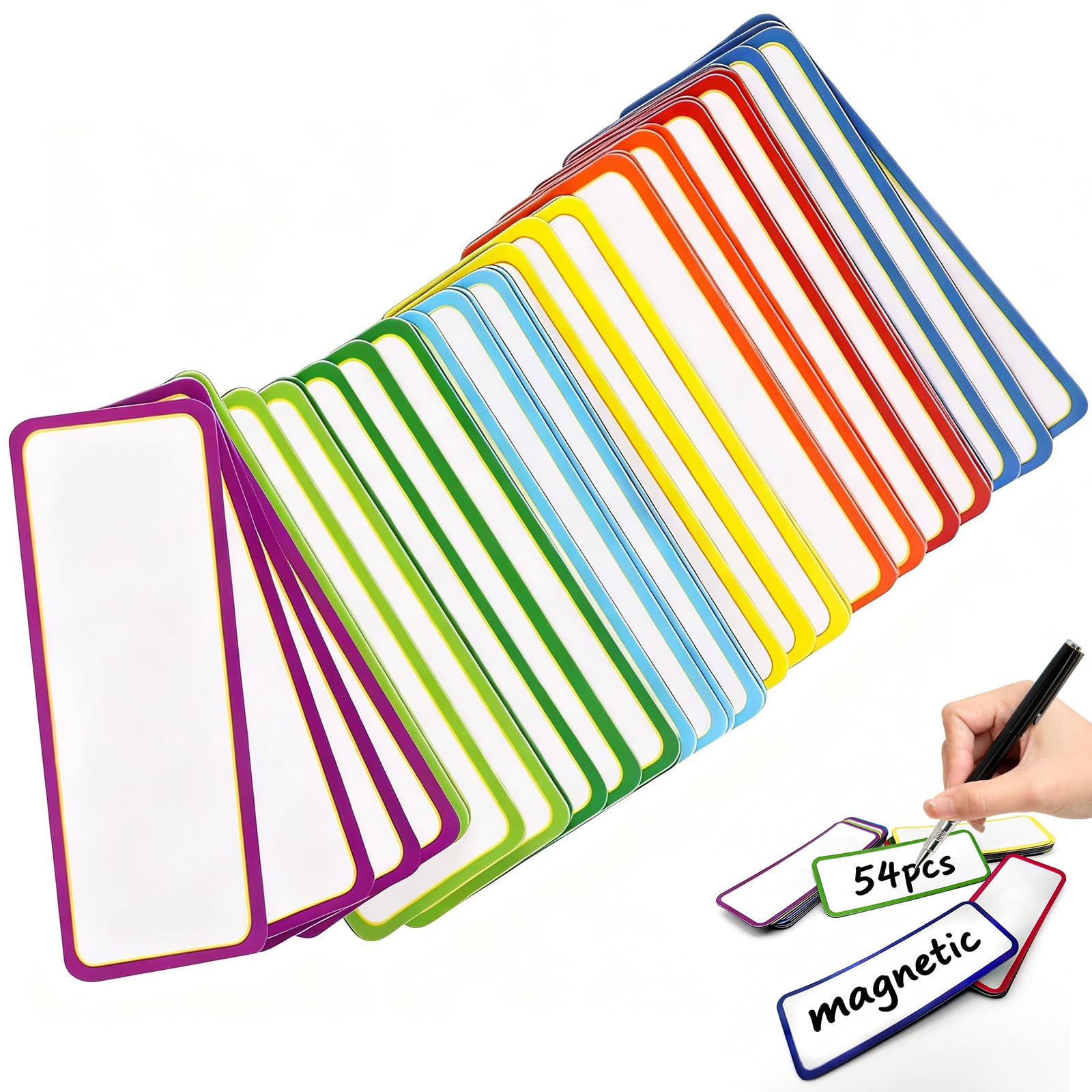 54pcs Magnetic Name Tags, Flexible Dry Erase Labels for Whiteboard, Blackboard & Refrigerator, 8 x 3cm Reusable Colored Labels for Classroom, Home & Office (Colored Border)