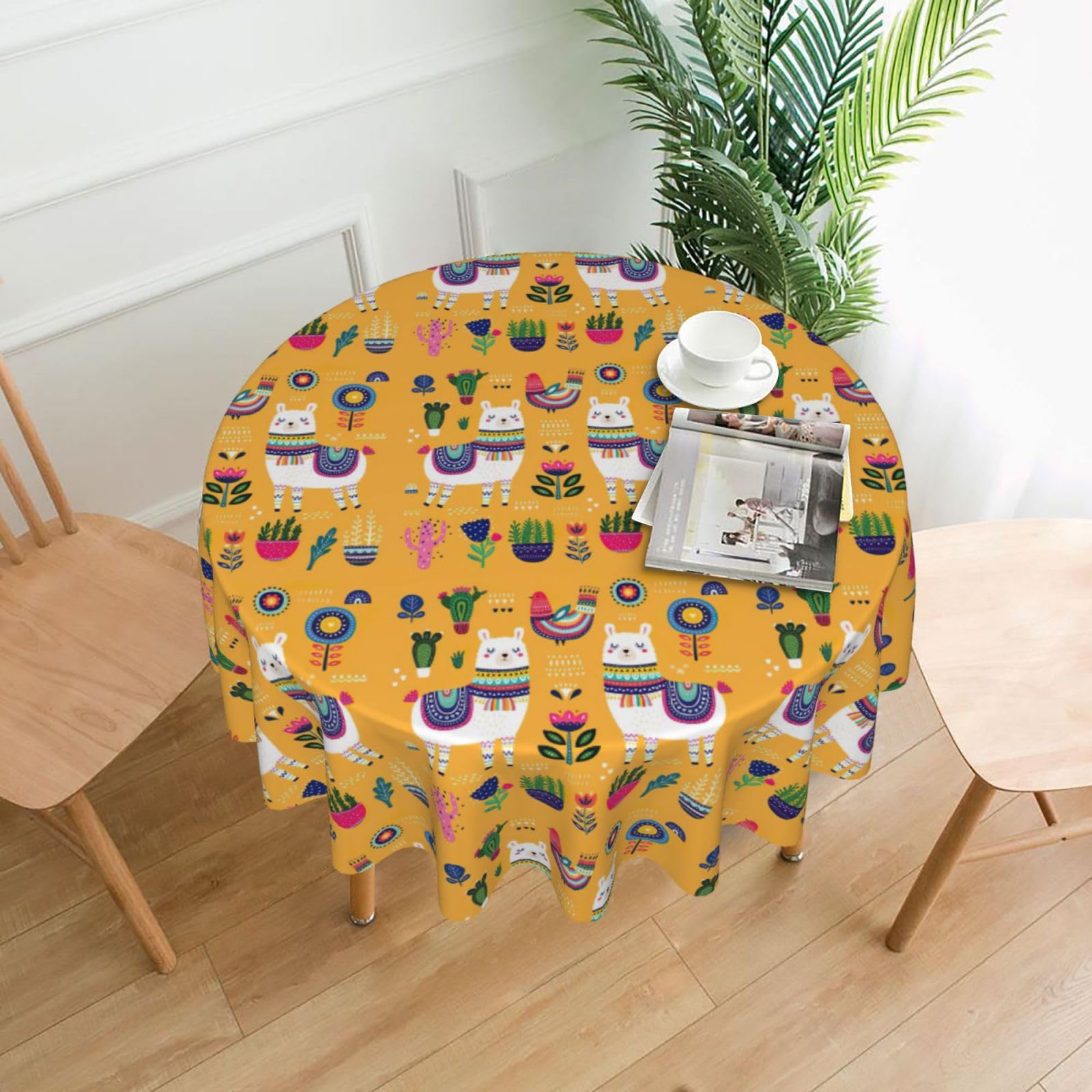 Zcmkjlg Cartoon Alpaca Cute Animal Print Quick Ship Round Tablecloth 60in Polyester Washable Cover for Dining Room