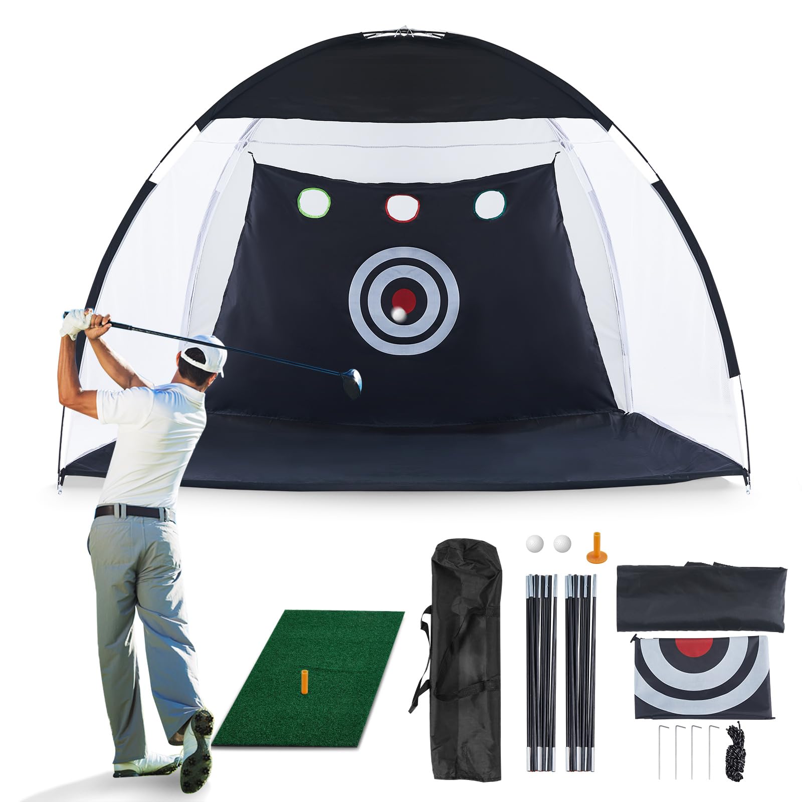 CLIPOP Golf Hitting Net with Chipping Target Pockets, Turf Mat, 2 Balls, Tee and Carry Bag for Home Indoor Outdoor Backyard Sports