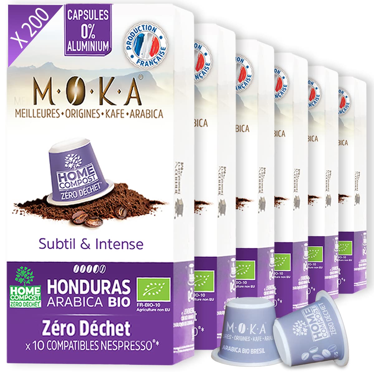 MOKA - 200 Capsules Café Bio d'excellence - 100% Pur Arabica du Honduras Bio - Compatibles avec Nespresso - Intensité 7 - Home Compost - Expresso et Lungo - Torréfié en France
