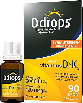 Ddrops Extra Strength 5000 IU Vitamin D3 + K2 90 Drops - Liquid Vitamin D3 & ...