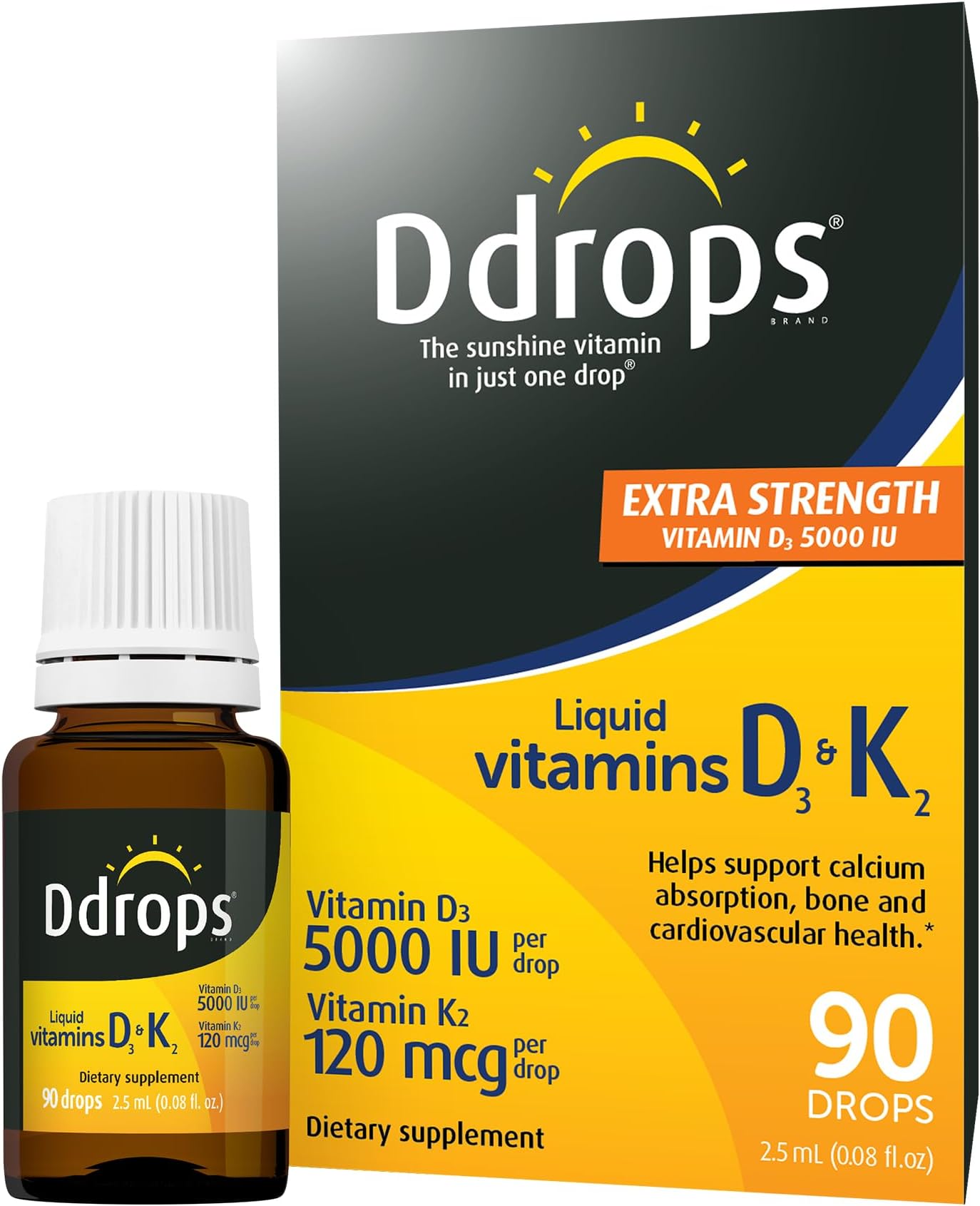 Extra Strength 5000 IU Vitamin D3 + K2 90 Drops - Liquid Vitamin D3 & K2 (MK7) Supplement. Supporting Strong Bones, Immune System and Cardiovascular Health.