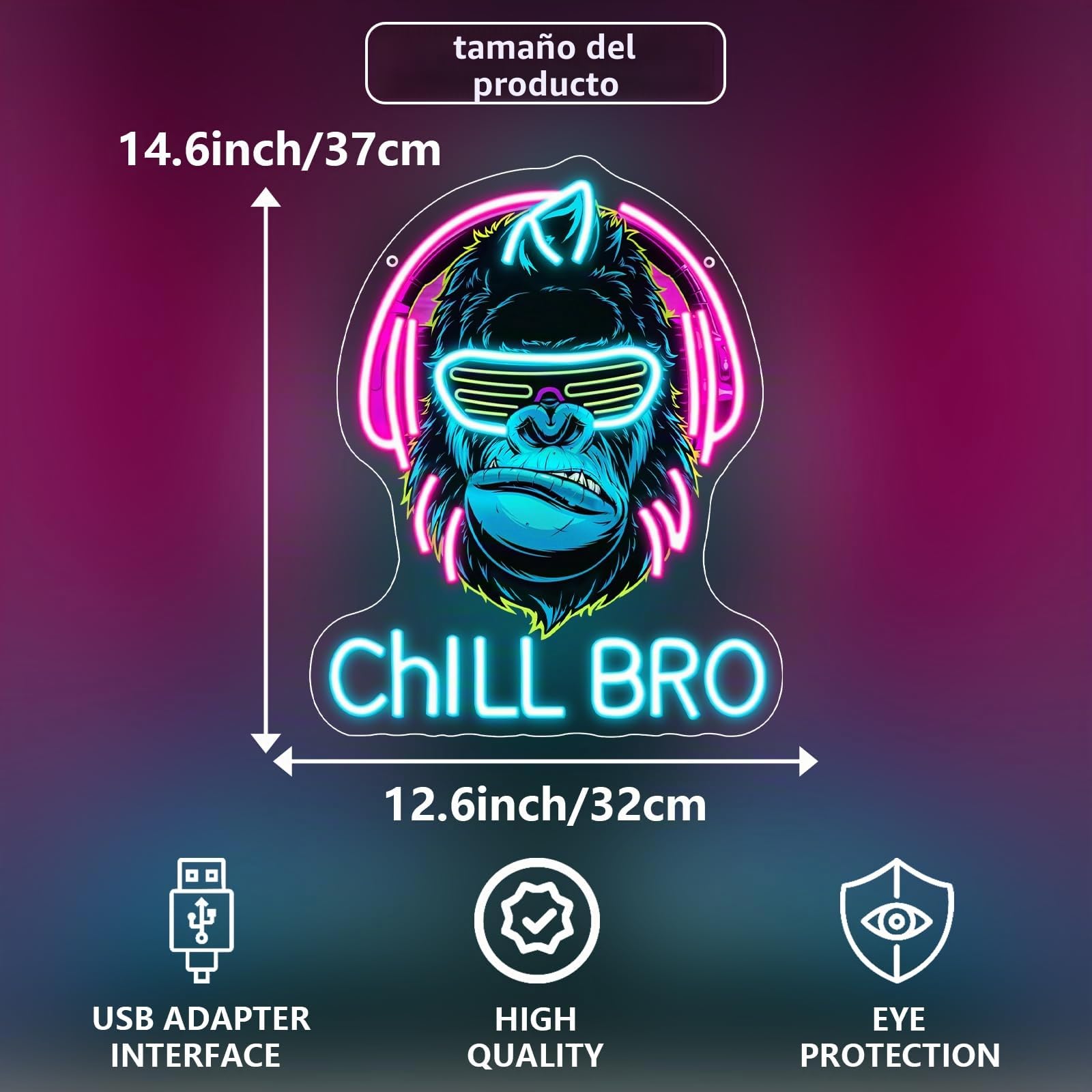 Chill Bro Gaming Headset Cartel de neón para decoración de pared, cartel de neón de gorila, carteles LED de zona de juegos para sala de juegos, decoración de accesorios de juegos, decoración
