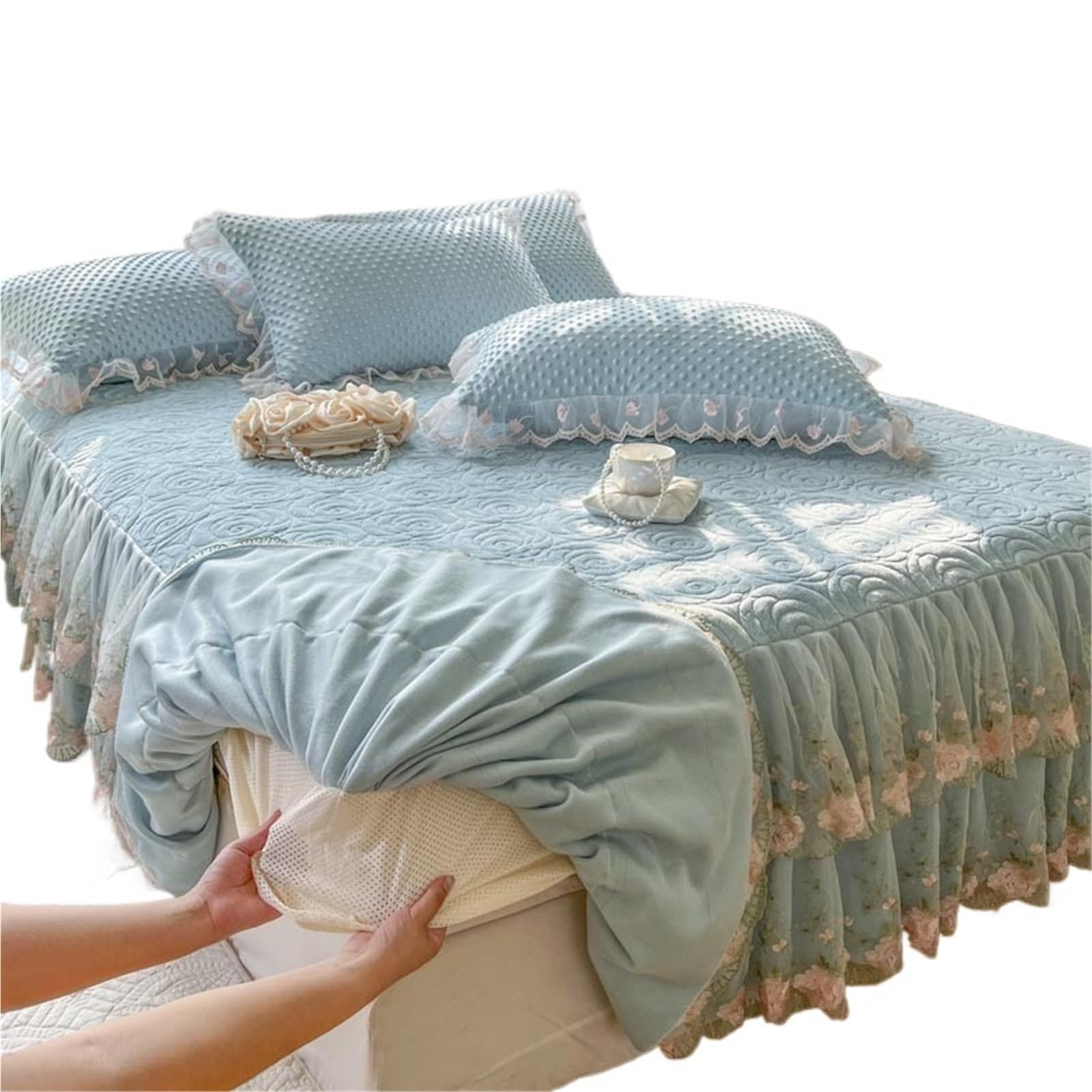 3Pcs Thickened Crystal Velvet Fitted Sheet Bed Skirt, Flowers Lace, Quilted Bedspread, Cover, Pillowcases(A,180X220cm 3pcs)