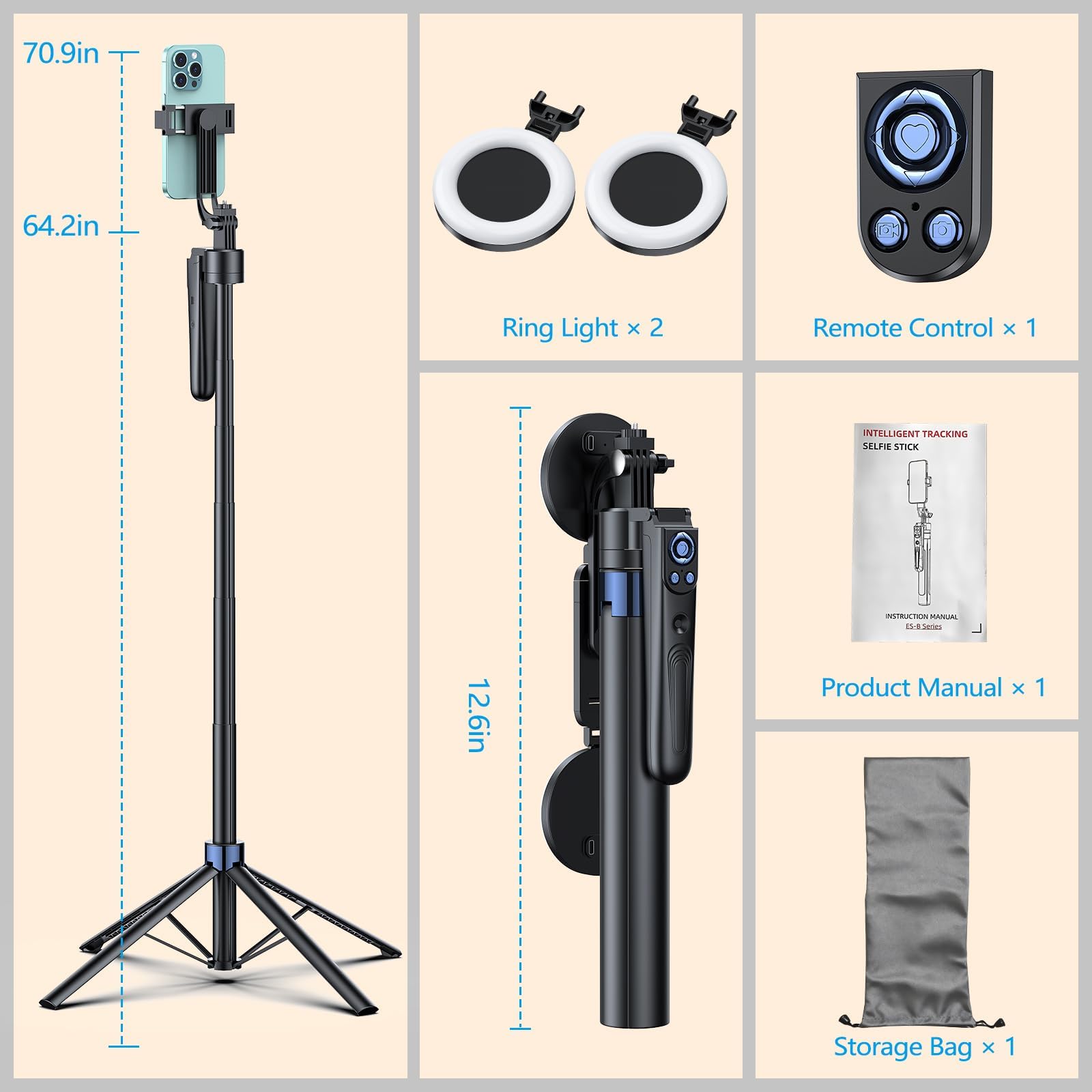 Smart Face Tracking Treppiede Selfie Stick con luce LED, rotazione a 360° 70 pollici Phone Camera Stand con telecomando Bluetooth, perfetto per registrazione video, trasmissione live e contenuti