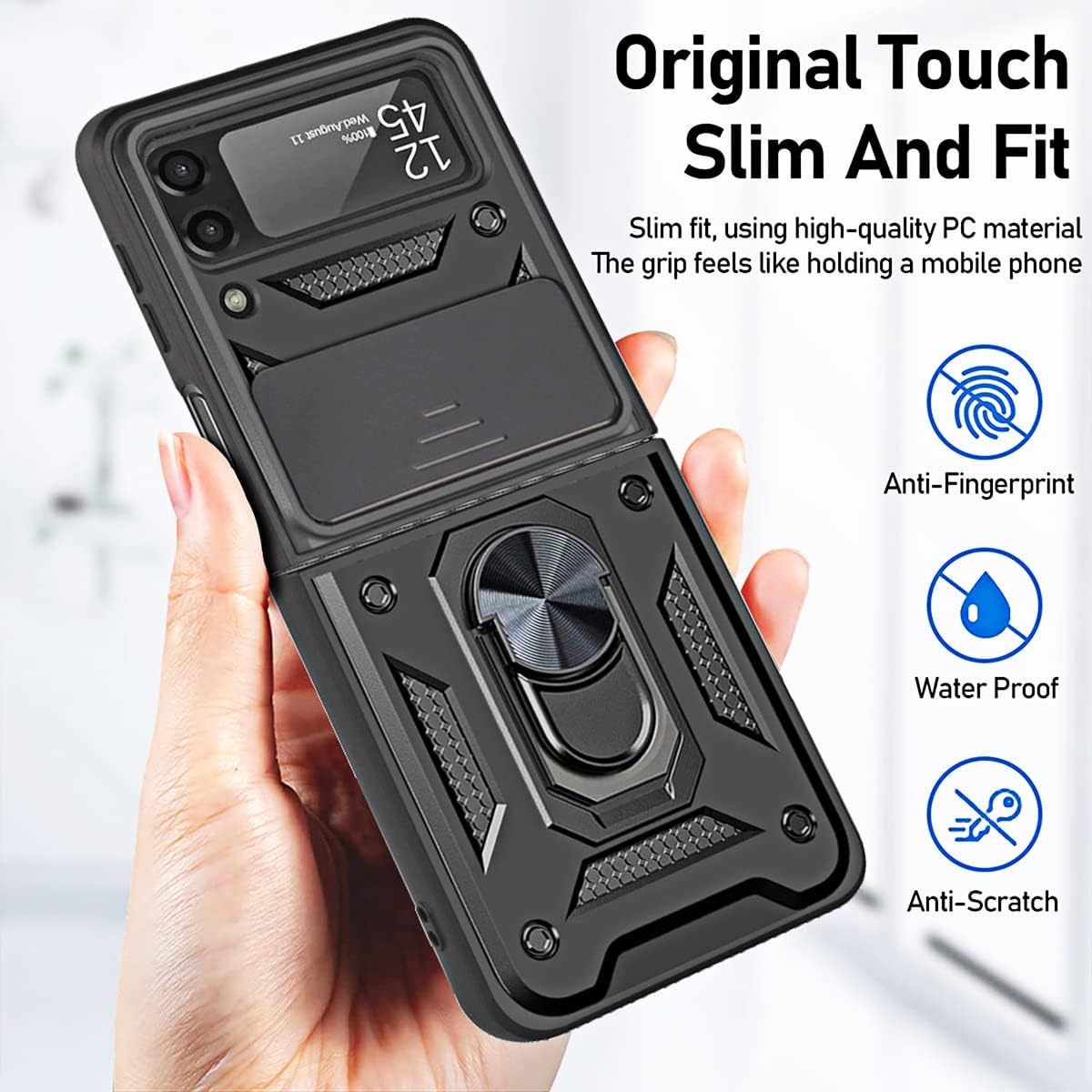 ONOLA for Galaxy Z Flip 3 Case with Slide Camera Cover, with 360°Rotate Ring Magnetic Kickstand Military Heavy Duty Protective Case for Samsung Galaxy Z Flip 3 5G (A-Black)