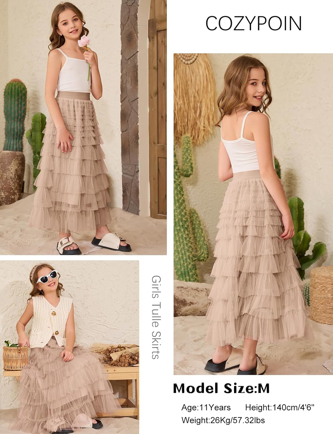 COZYPOIN Girls Tulle Skirts Elastic High Waisted A Line Layered Ruffles Mesh Long Tiered Tutu Skirt Party Outfit 5-14T - Image 7