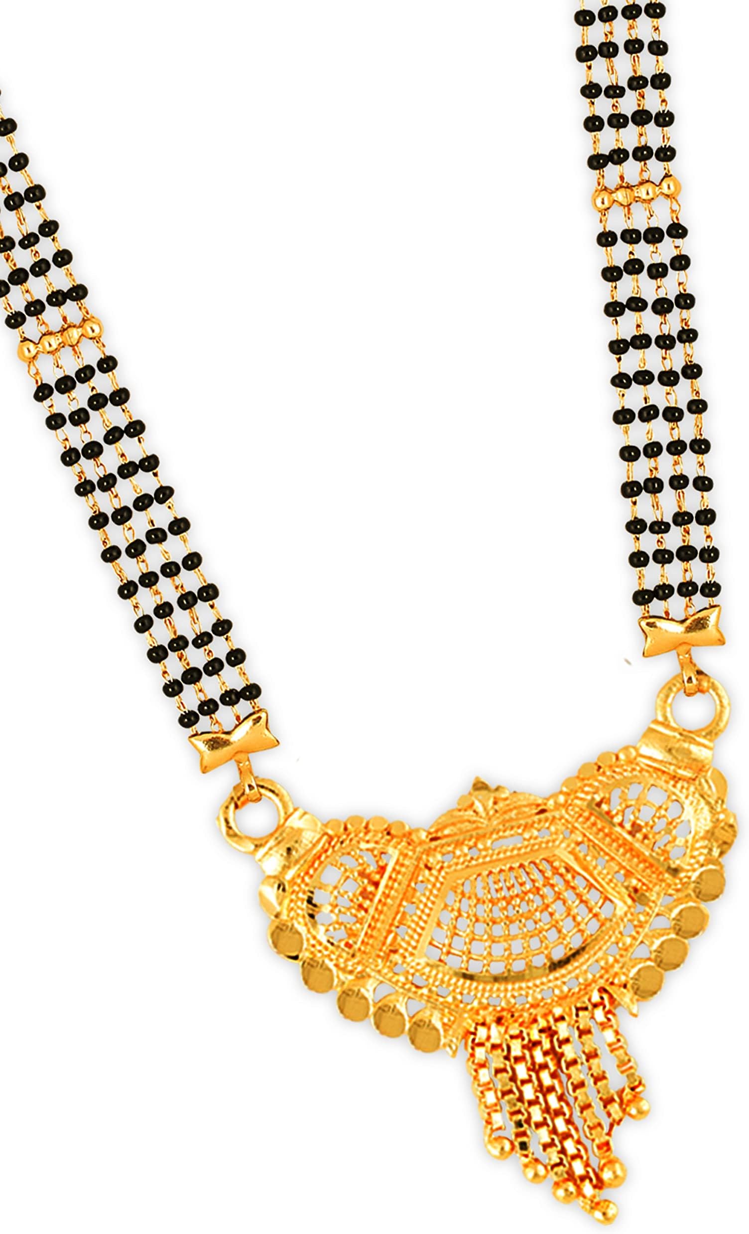 MEENAZMangalsutra For Women Girls Ladies Temple South Indian Traditional 1 Gram Gold Stylish Maharashtrian Long Double Chain Wati Mangal sutra Pendant Tanmaniya Black golden Nallapusalu Chains-247