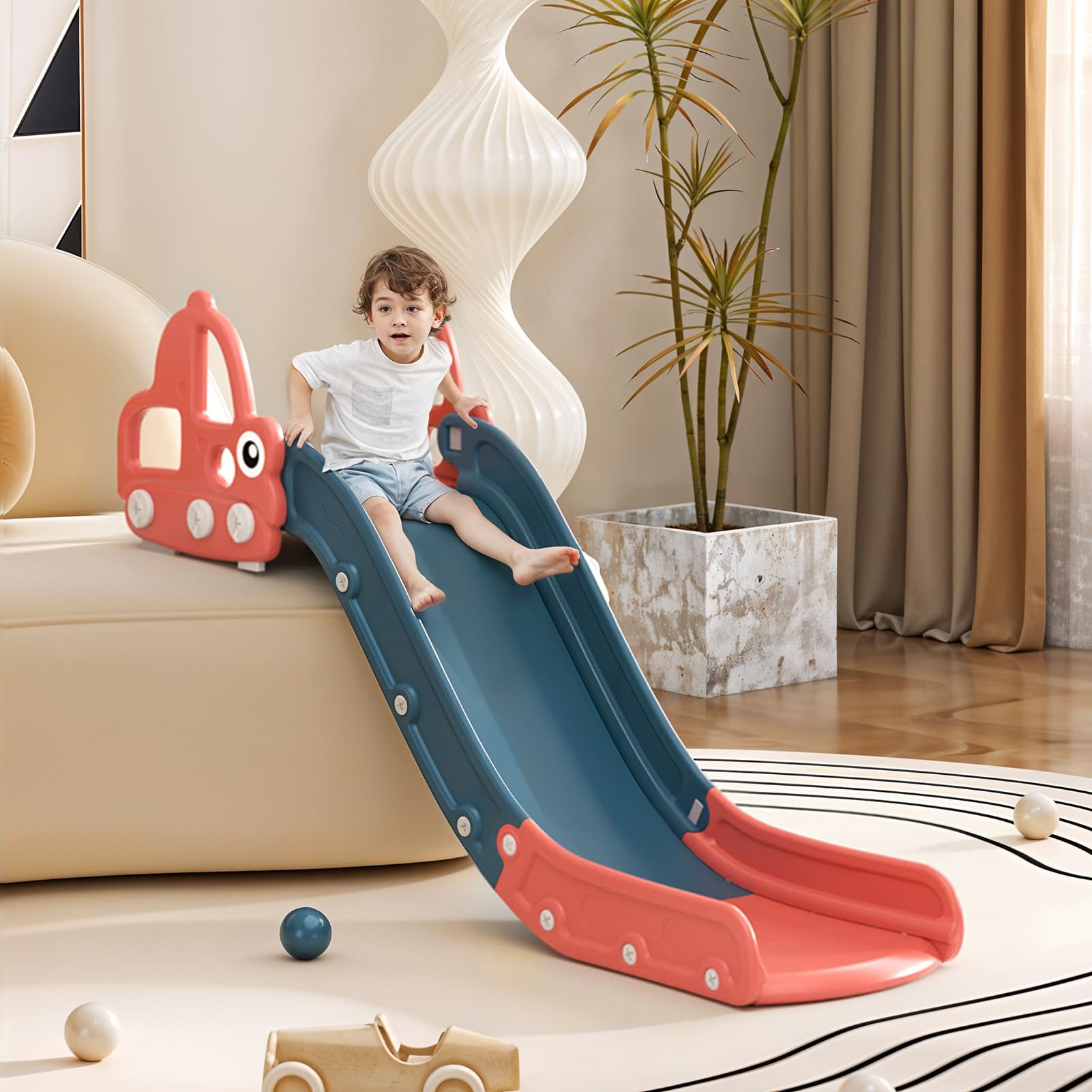 FUKEA Sofa Slide, Toddler Slide Indoor Kids Slide with Extended Length, Baby Car Slide for Bed Couch Slide for Toddler Age 1-3, Red — image 1
