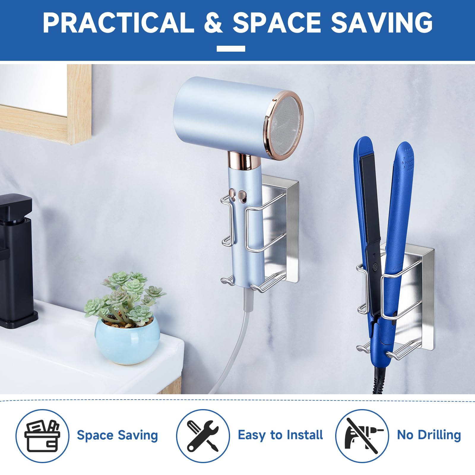 XILIMEN Support De Sèche-Cheveux En Acier Inoxydable SUS304 - Fixation Murale Sans Percer Pour Fer à Lisser, Idéal Salle De Bain, Chambre & Barbershop