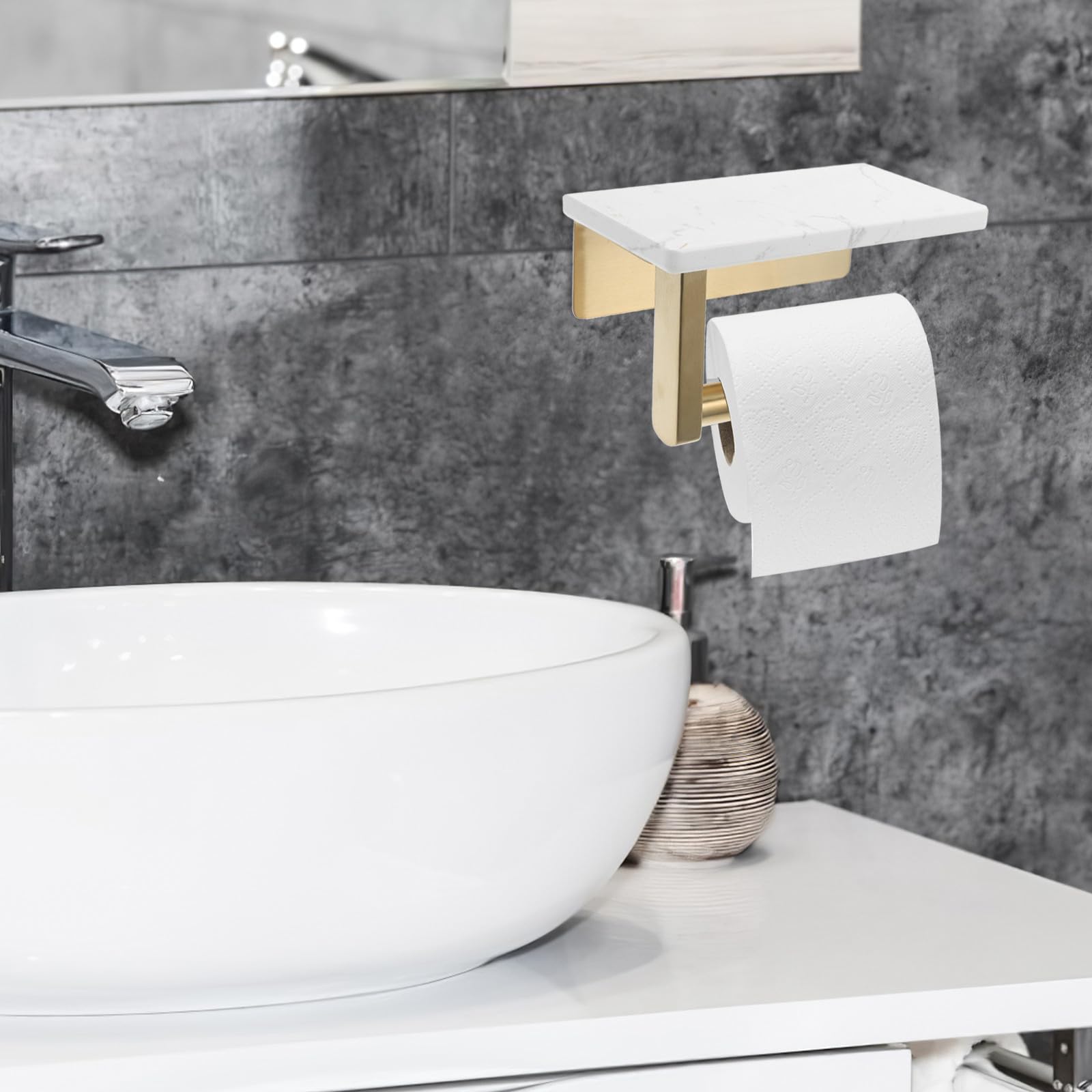 Portarotoli Carta Igienica da Parete Oro in Acciaio Inox Mensola Marmo | Distanza Fori 8, 3cm, Piano Superiore per Oggetti e Profumo, Stile Moderno Elegante