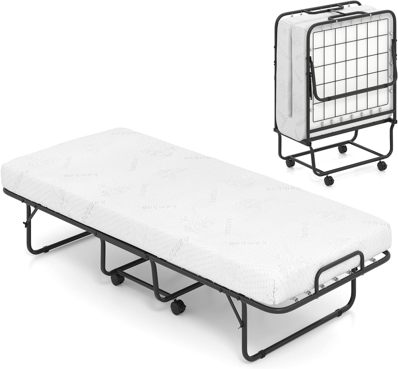 KOMFOTT Folding Bed with Mattress, 75" x 31" Cot Size Rolling Guest Bed with Sturdy Metal Frame & Gel Memory Foam, Space Saving Portable Fold up Bed with Lockable Wheels for Adults