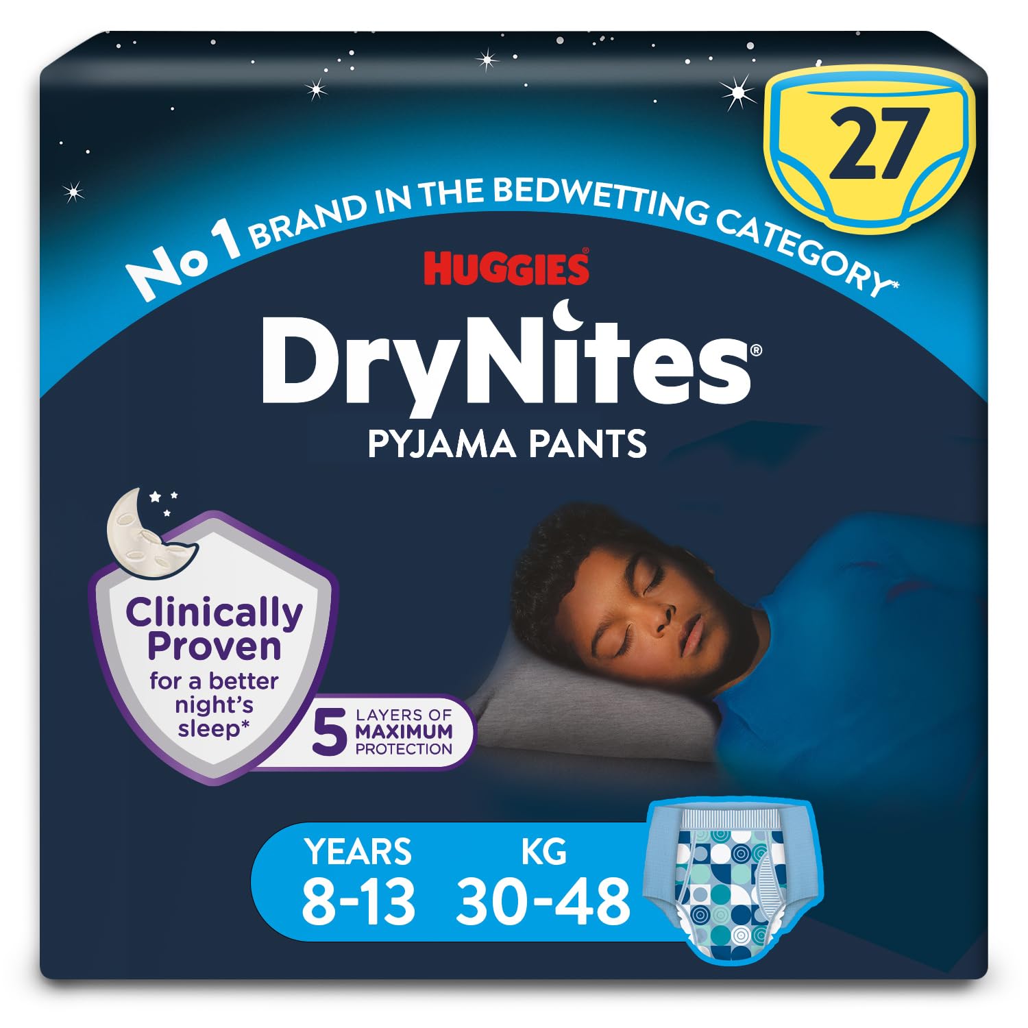 HUGGIES DryNites, Pyjama Pants, Boys 8-13 Years (30-48KG),27 x Bedwetting Pants, Up to 100% Leak Free Nights