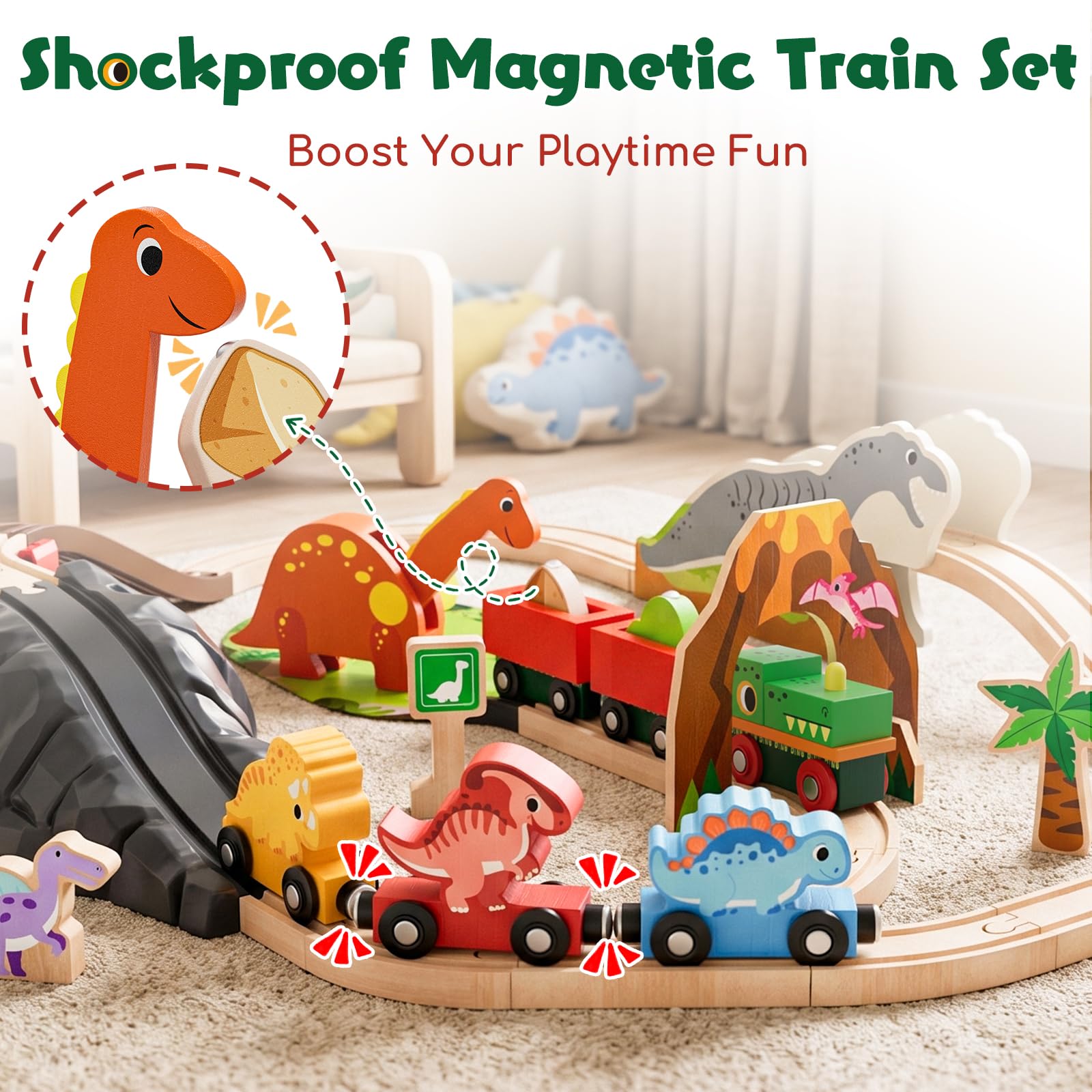 Lehoo Castle Tren Madera, Juguete de Dinosaurios para Niños, Juguete de Tren Compatible con Thomas, Brio y Hape, Regalo para Niños y Niña
