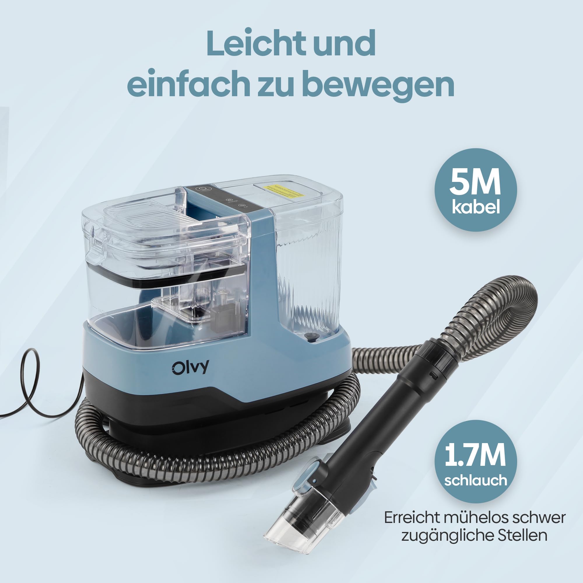 Olvy Teppichreiniger 2.0 - Leistungsstarker 17.000 PA Fleckenentferner mit 1,6m Schlauch, 4m Kabel, Selbstreinigungsfunktion & 500ml Reinigungsmittel - Teppich, Sofa, Matratze & Auto