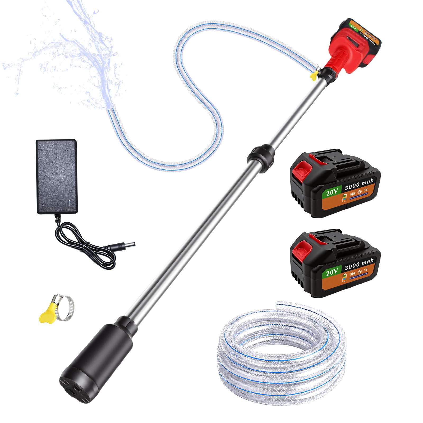 Akku Regenfasspumpe mit 2 Akkus – Elektrische Regenwasserpumpe 12000r/min, Tragbare Akku Fasspumpe mit 2M Schlauch, Handheld Wasserpumpe für Regentonne, Aquarium, Baustelle & Garten