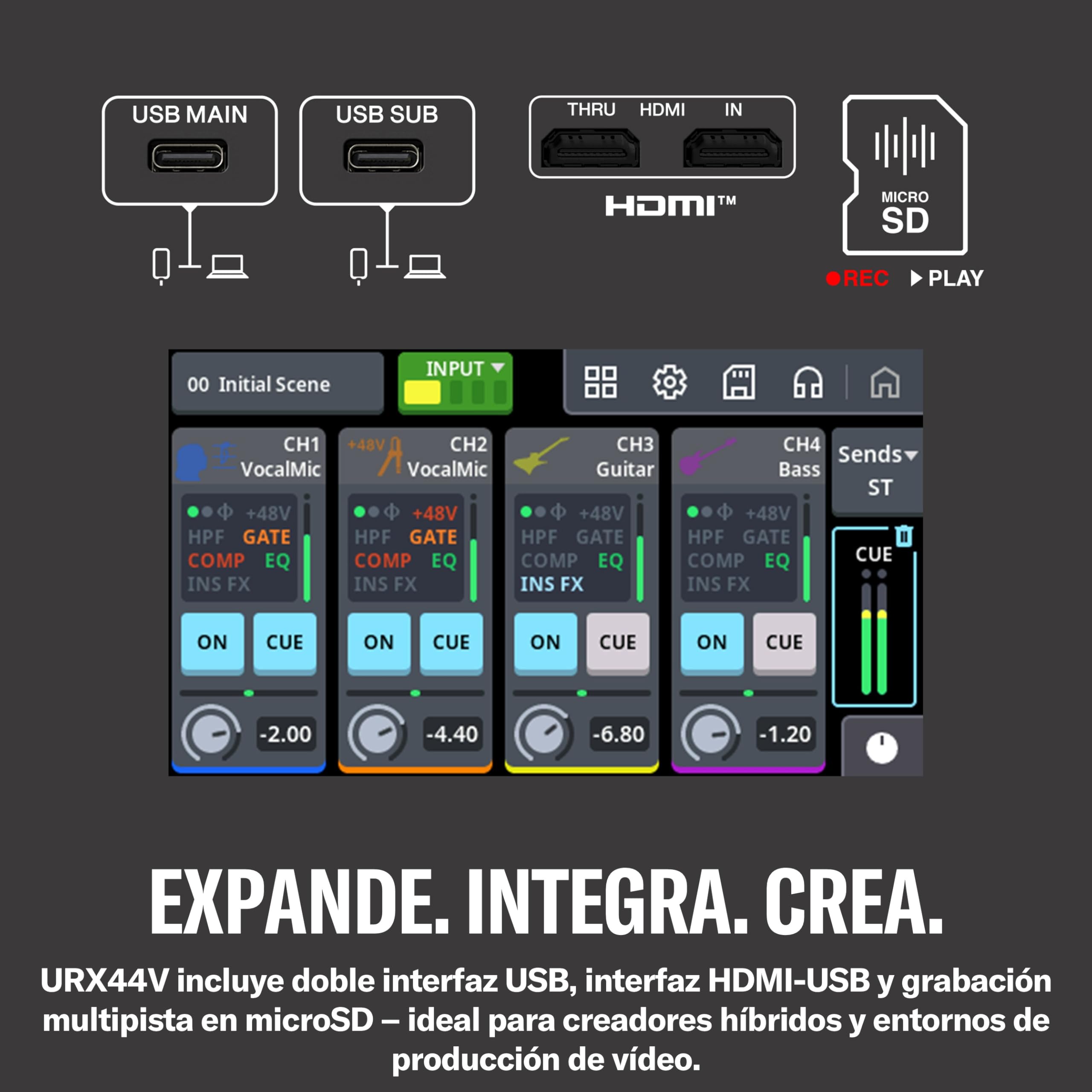 YAMAHA URX44V Interfaz de Audio USB-C – 6 entradas/4 salidas, audio 32 bits/192 kHz, captura de vídeo HDMI, pantalla LCD táctil, DSP integrado para streaming y creación de contenido – Blanco