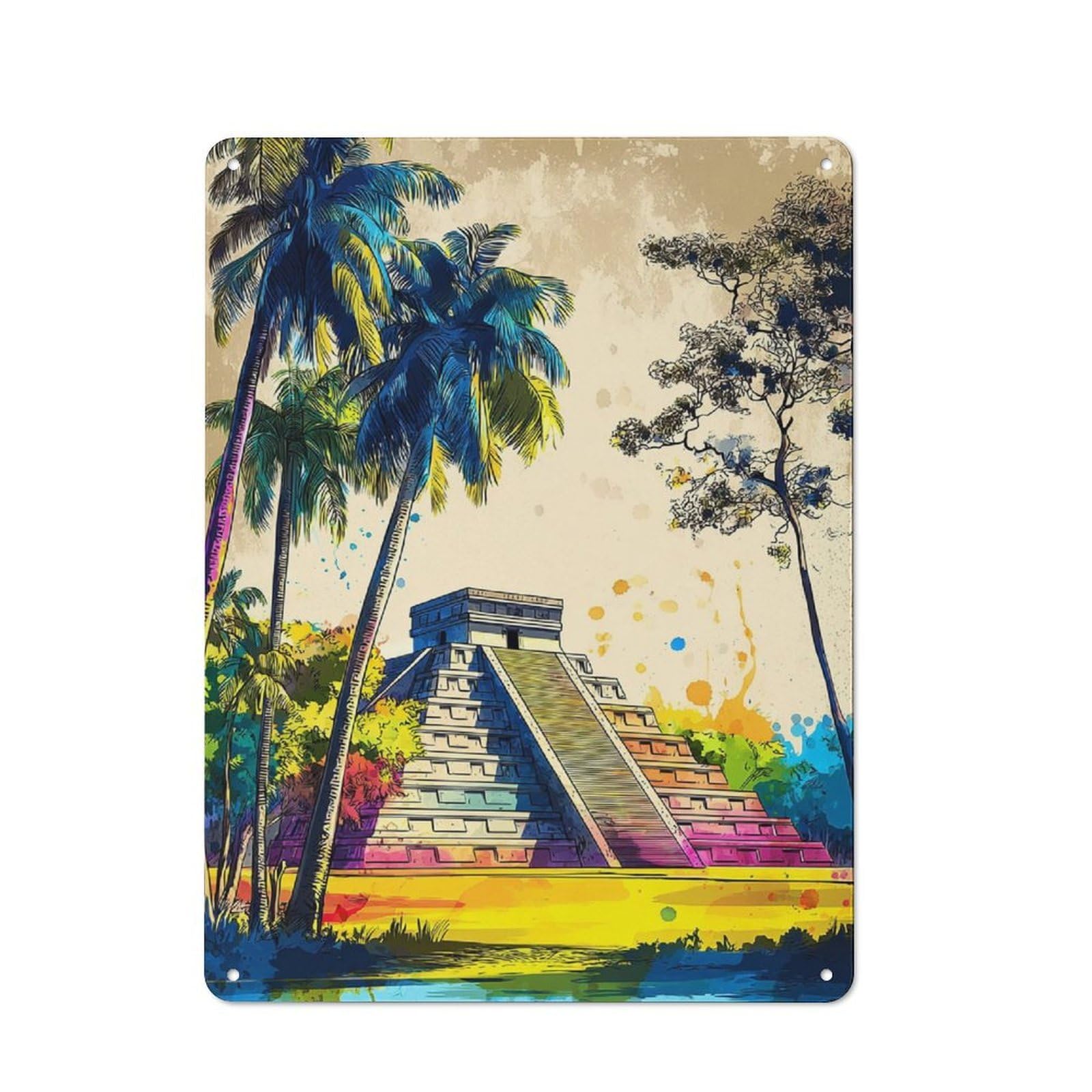 Junmoney Colorful Mayan Pyramid Scene-1 40X30cm Rustic Tin Sign With For Living Room Or Hallway, For Vintage Wall Decor Fans, For Themed Room Decoration