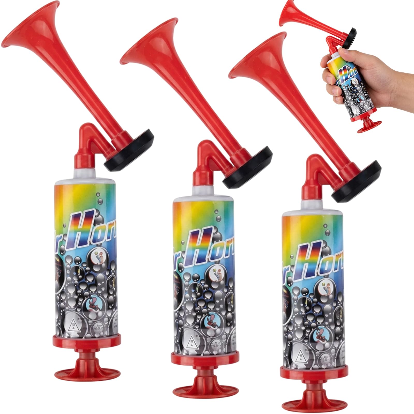 3-Pack Handheld Air Horns – Loud Manual Pump Noise Makers for Sports Events, Parties & Outdoor Hiking