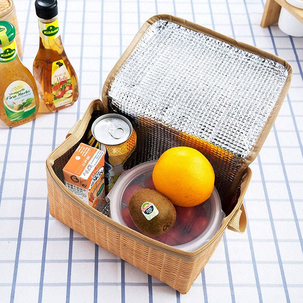Borsa da Picnic all'aperto in Rattan di Vimini Portatile Stoviglie Impermeabili Cestino per contenitori per Alimenti con Isolamento Termico per Picnic da Campeggio