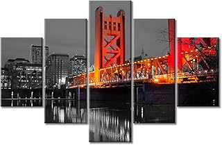 5 Piece Tower Bridge Black and White Wall Art Sacramento California Skyline Landscape Bathroom Decor Wall Art Sacramento River Wall Decorations Stretched and Framed Ready to Hang (60''Wx 40''H)