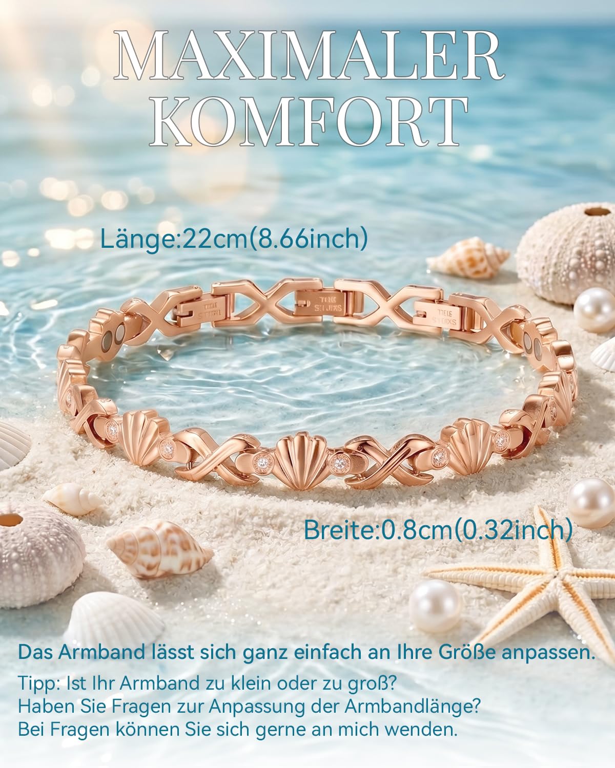 RainSo Bracelet magnétique pour femme en acier inoxydable, design coquillage avec incrustation de diamants, aimant puissant 3800 gauss, taille réglable, emballage cadeau élégant