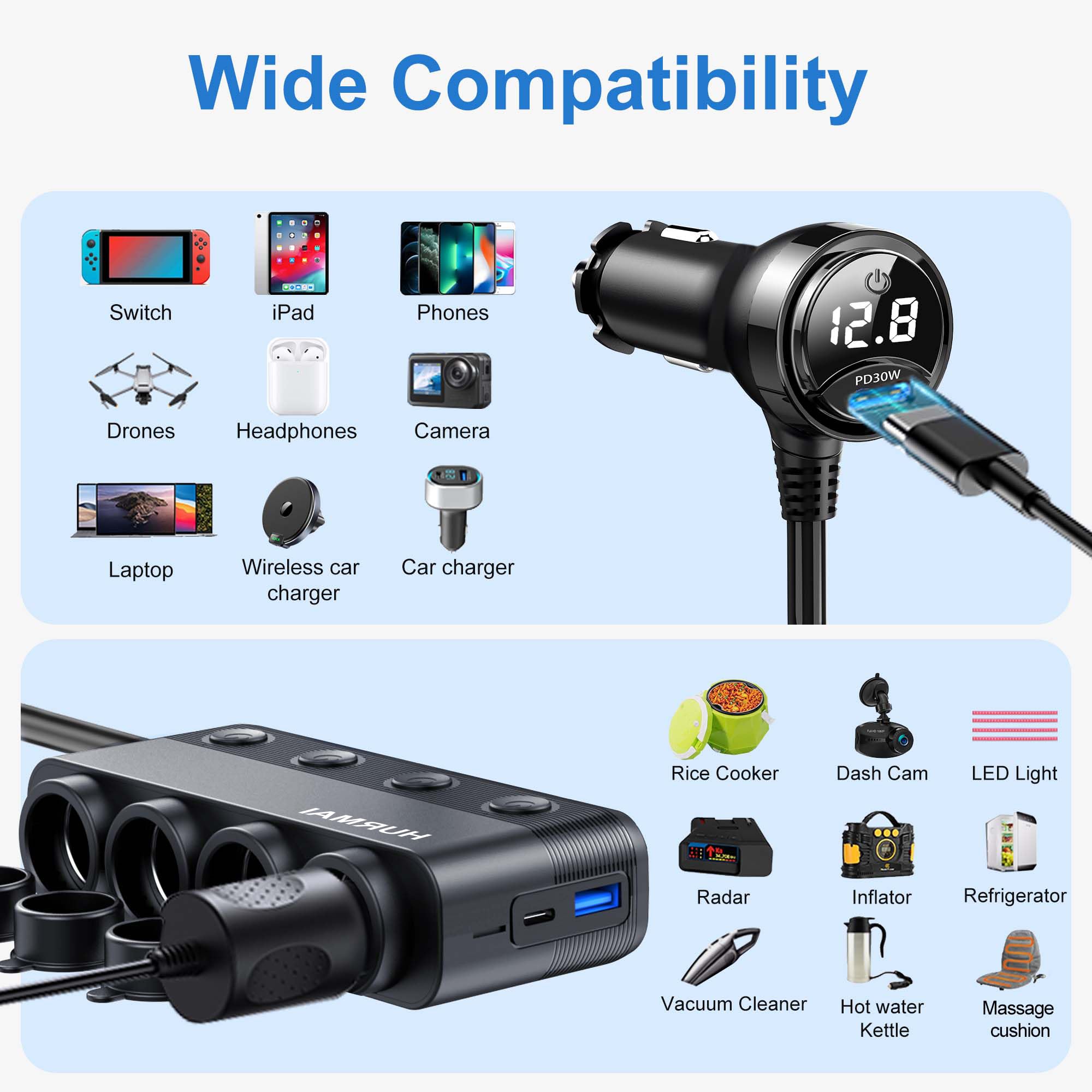 Adapter rozdzielacza do zapalniczki samochodowej 216 W 4 gniazda do ciężkich samochodów ciężarowych USB Chager Multi Port z PD30W/QC3.0 ładowanie USB C 12 V/24 V niezależne przełączniki i osłona