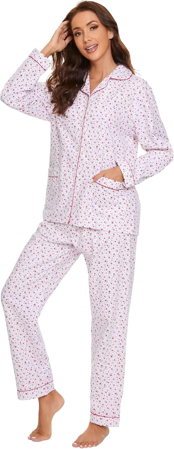amaxer Women's Warm Pjs Flannel Pajamas Set 100% Cotton Sleepwear Button Pajama Set with Elastic Drawstring - Image 2