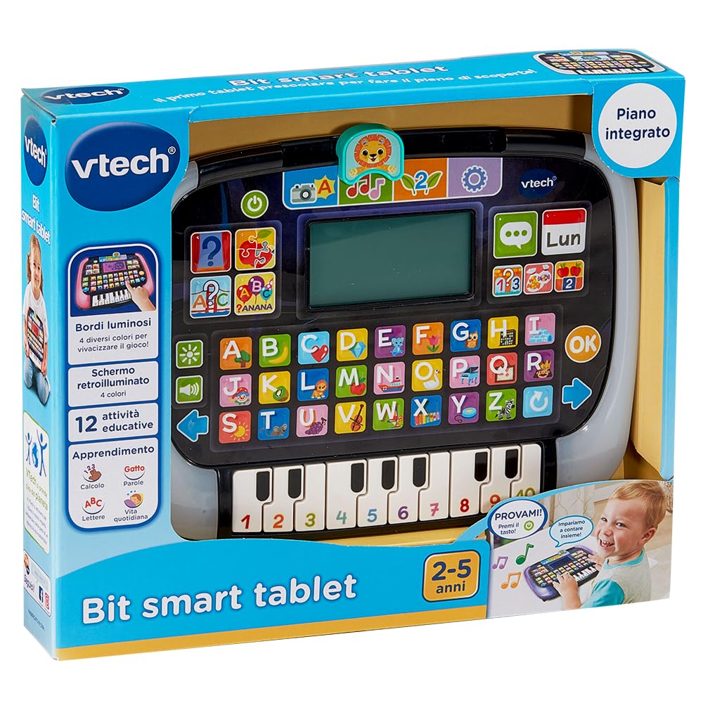 VTech bit Smart Tablet, Tableta Infantil educativa con Pantalla retroiluminada, Teclado ABC y 10 Teclas Piano, 8 Actividades y 4 Modos de Juego, Idioma Italiano, Pilas Incluidas, 2-5 años | Pantalla retroiluminada, teclado ABC, 10 teclas piano, 8 activida