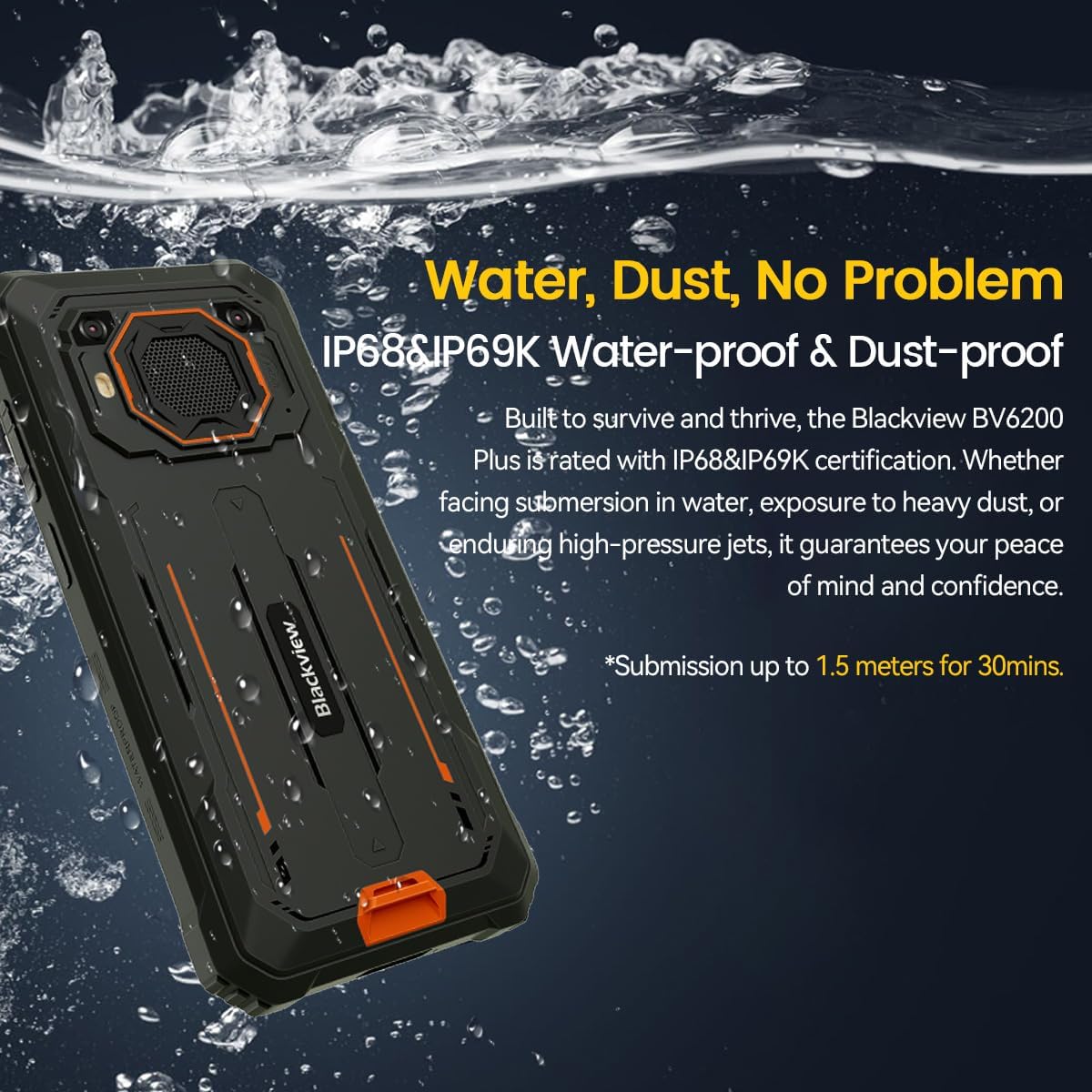 Den sorteview BV6200 Plus submerged in water, illustrating its IP68 and IP69K water-proof and dust-proof capabilities.