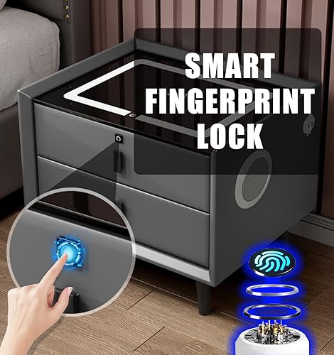 Miniatura 4 de TBQATNTS Mesita de noche con estación de carga, mesas auxiliares de dormitorio con bloqueo de huellas dactilares y altavoz, moderna mesita de noche