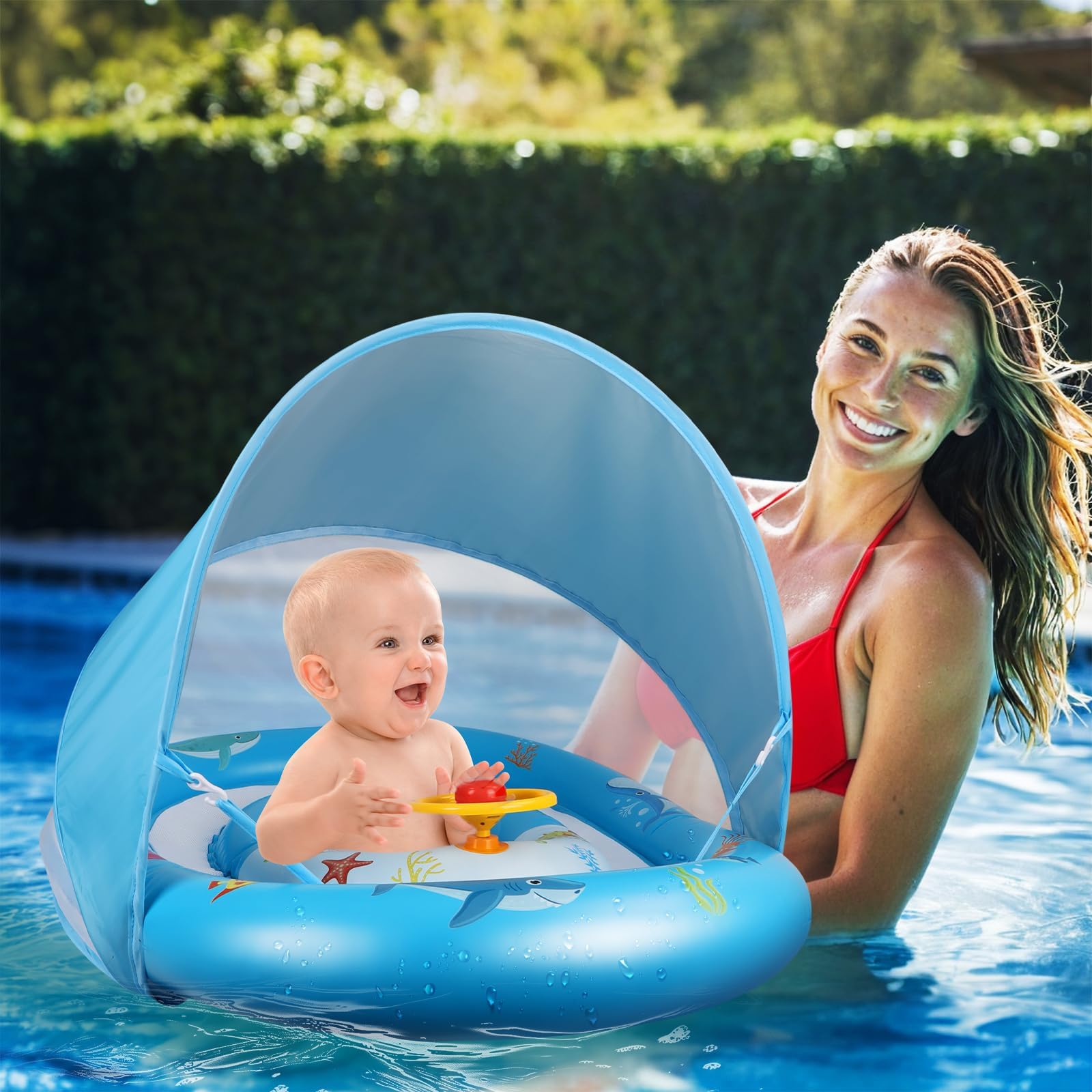 Schwimmring Baby (6-36 Monate, Max. 20 kg) – Doppelkreis-Design mit UPF50+ Sonnendach & Spielzeug-Hupe – Verstellbarer Sicherheitssitz, doppelte Luftkammern – Ideale Schwimmhilfe für Kleinkinder