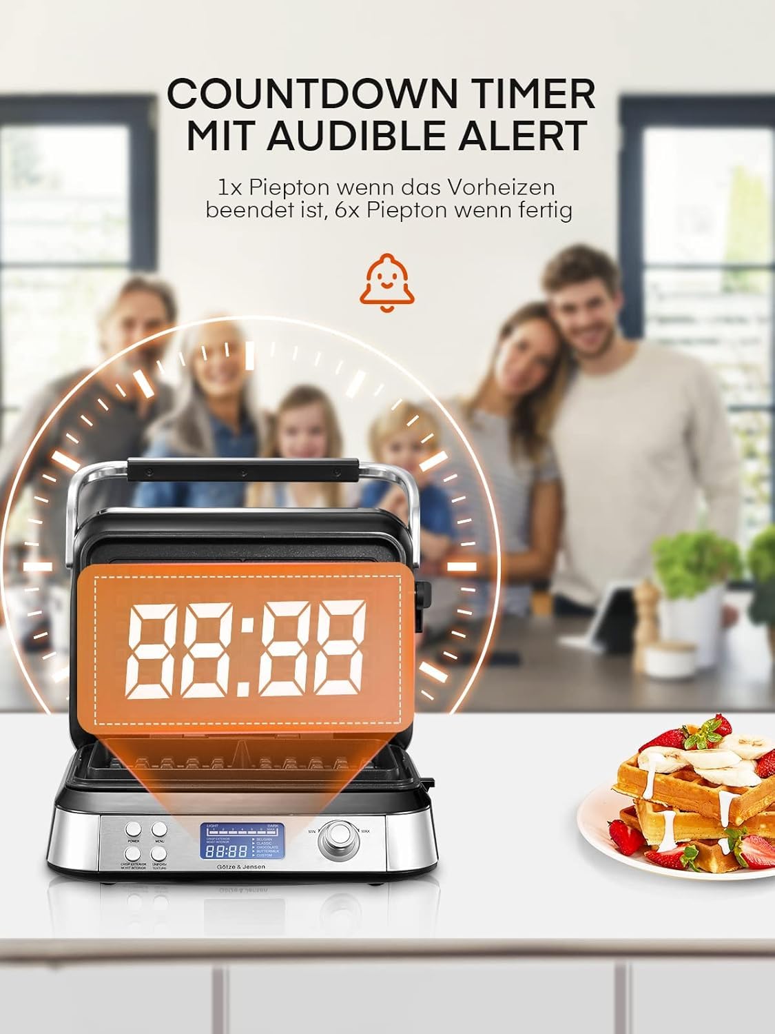 Gofrownica o mocy 1600 W, odpowiednia do przygotowywania gofrów belgijskich, 5 programów, 7 poziomów pieczenia, wyświetlacz LCD, timer, pojemnik przelewowy, bardzo głęboka płyta grzewcza.