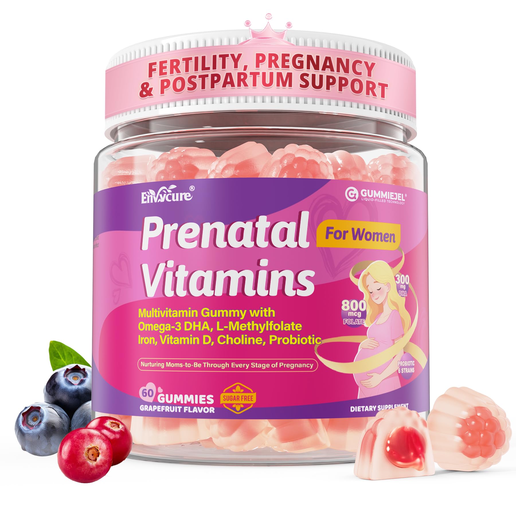Prenatal Vitamin for Womem 37-In-1 Multivitamin Gummies w Omega-3 DHA Methylfolate Choline Iron Vitamin B12 B6 D3 C
