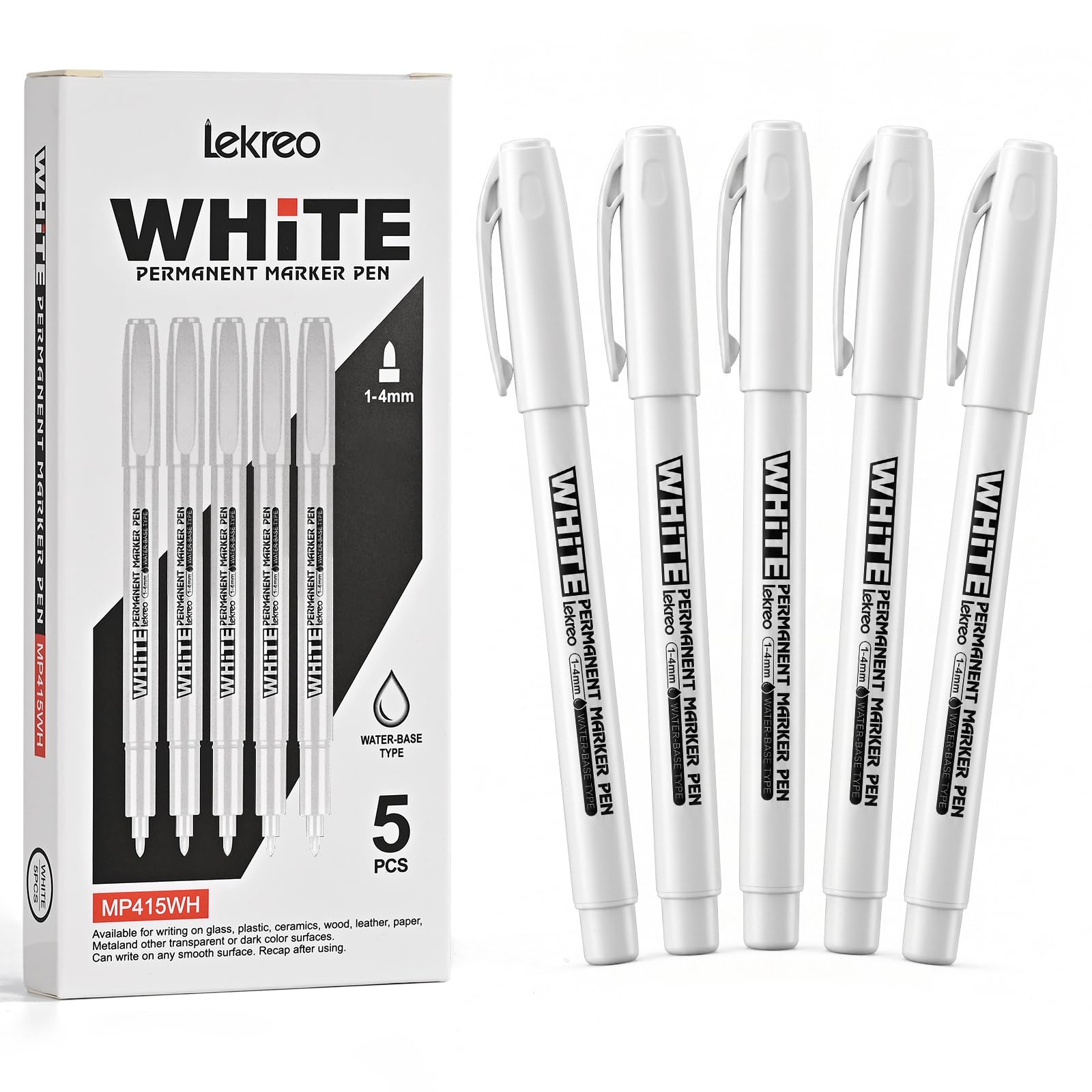Lekreo White Permanent Marker Pen, 5-Pack, 1mm quick-drying white marker
