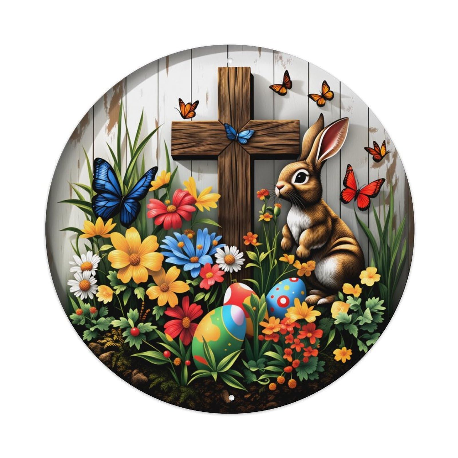 Easter Bunny Cross Flowers Butterflies Eggs Garden Spring Nature Round Vintage Tin Sign,Retro Wall Art,Metal Poster for Home, Bar, Garage, Cafe, Rustic Indoor & Outdoor Decor, 8x8 Inches